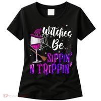 Witches Be Sippin N Trippin Halloween Drinking Funny Black Cat Women's T-Shirt thumb 0