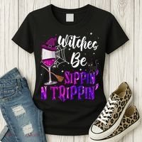 Witches Be Sippin N Trippin Halloween Drinking Funny Black Cat Women's T-Shirt thumb 3
