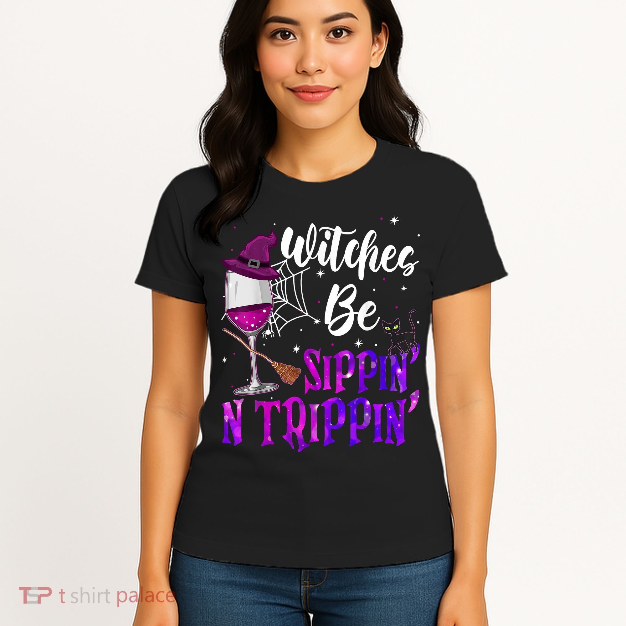 Witches Be Sippin N Trippin Halloween Drinking Funny Black Cat Women's T-Shirt