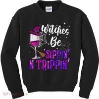 Witches Be Sippin N Trippin Halloween Drinking Funny Black Cat Kids Sweatshirt thumb 0