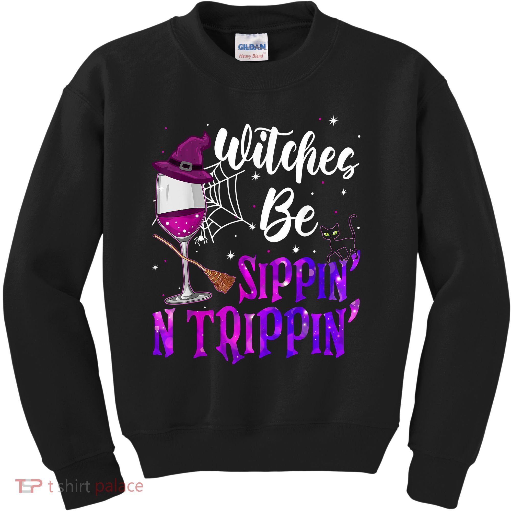 Witches Be Sippin N Trippin Halloween Drinking Funny Black Cat Kids Sweatshirt