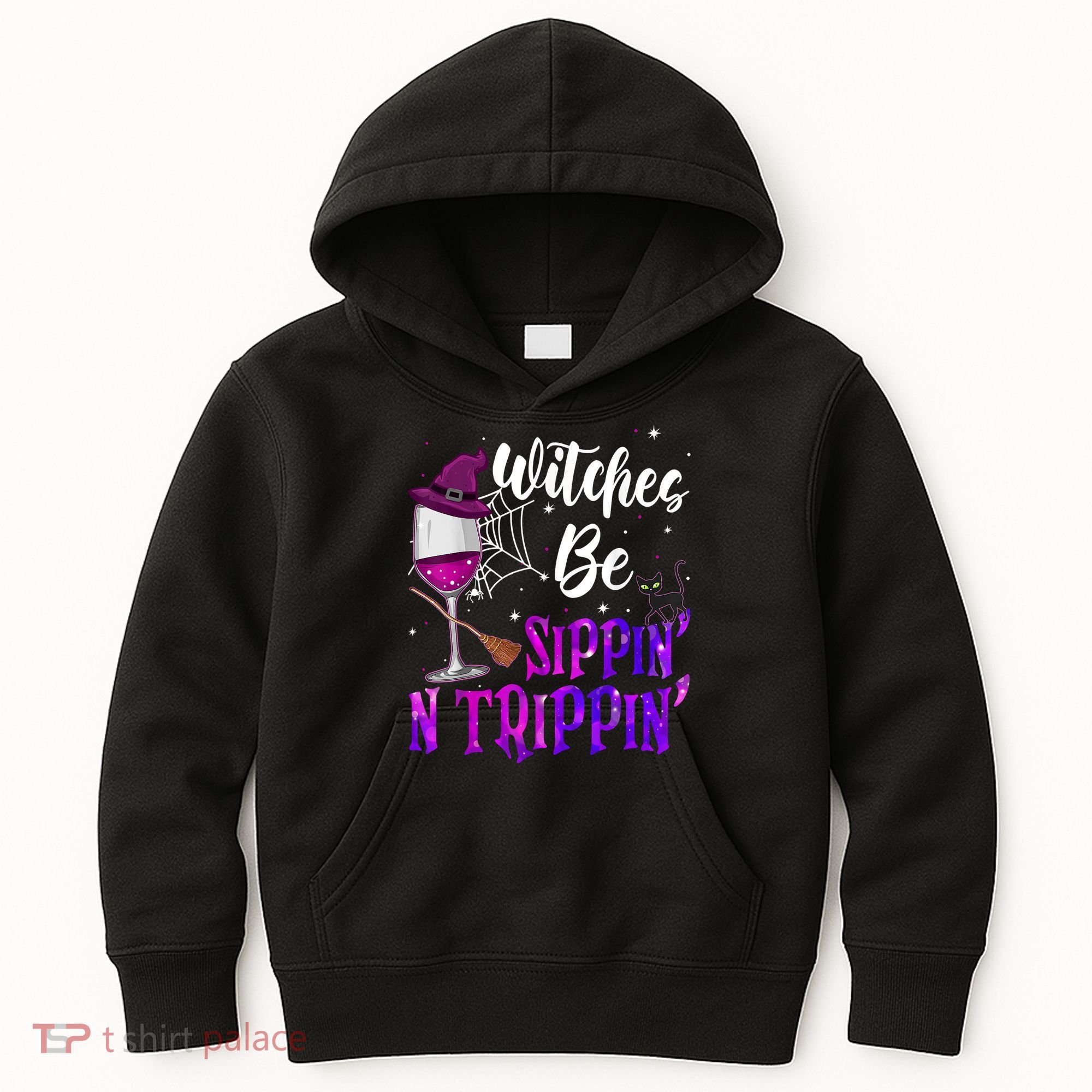 Witches Be Sippin N Trippin Halloween Drinking Funny Black Cat Kids Hoodie