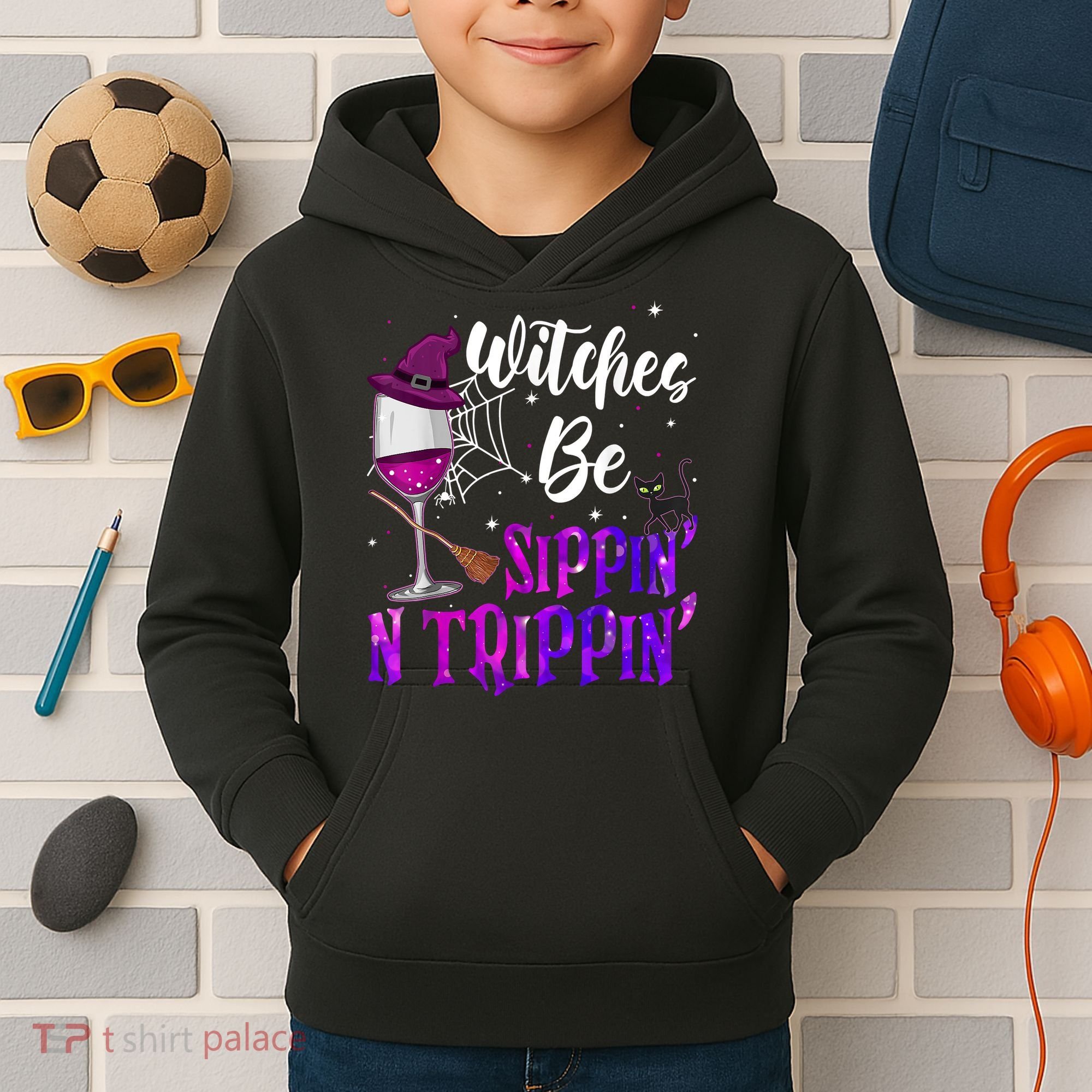 Witches Be Sippin N Trippin Halloween Drinking Funny Black Cat Kids Hoodie