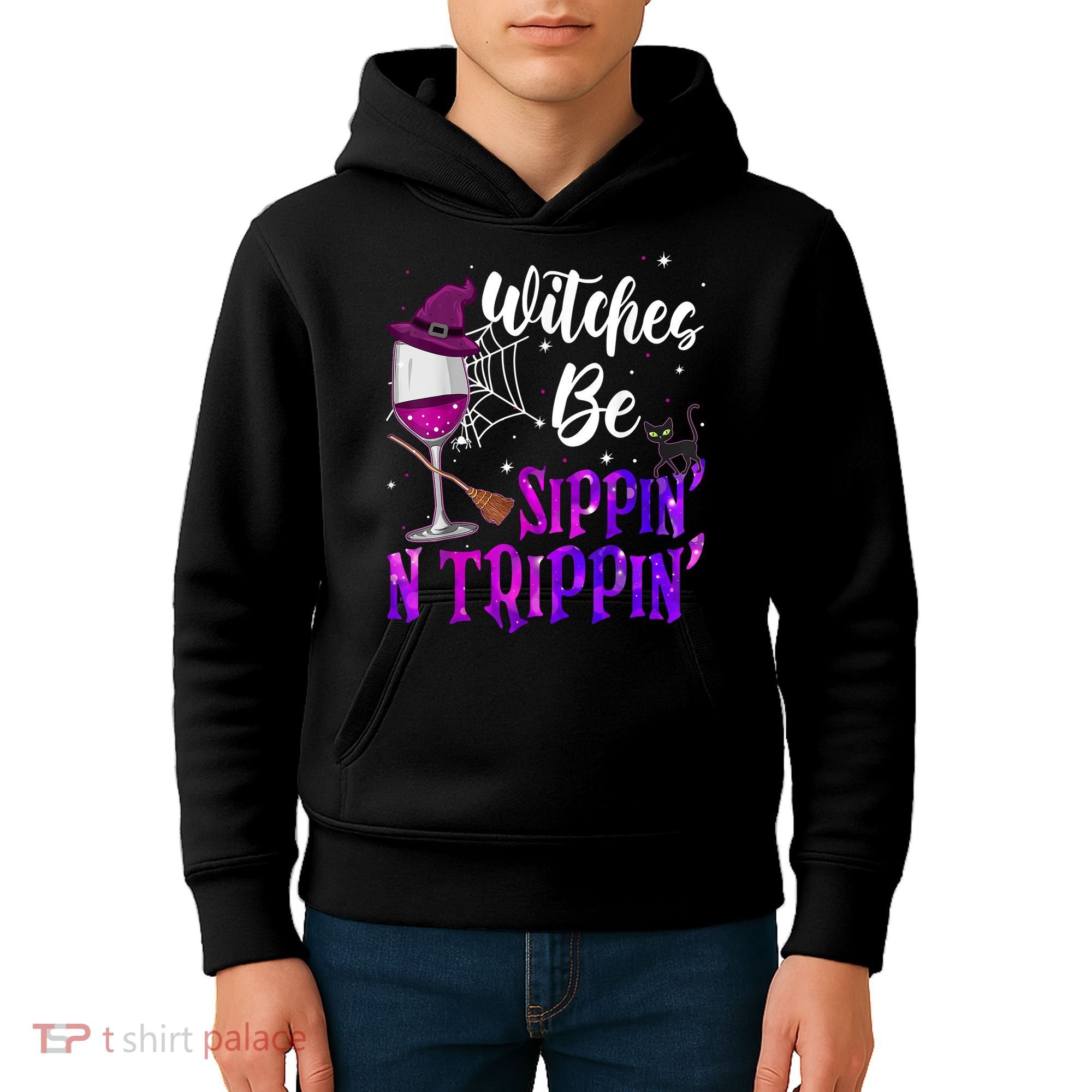 Witches Be Sippin N Trippin Halloween Drinking Funny Black Cat Kids Hoodie