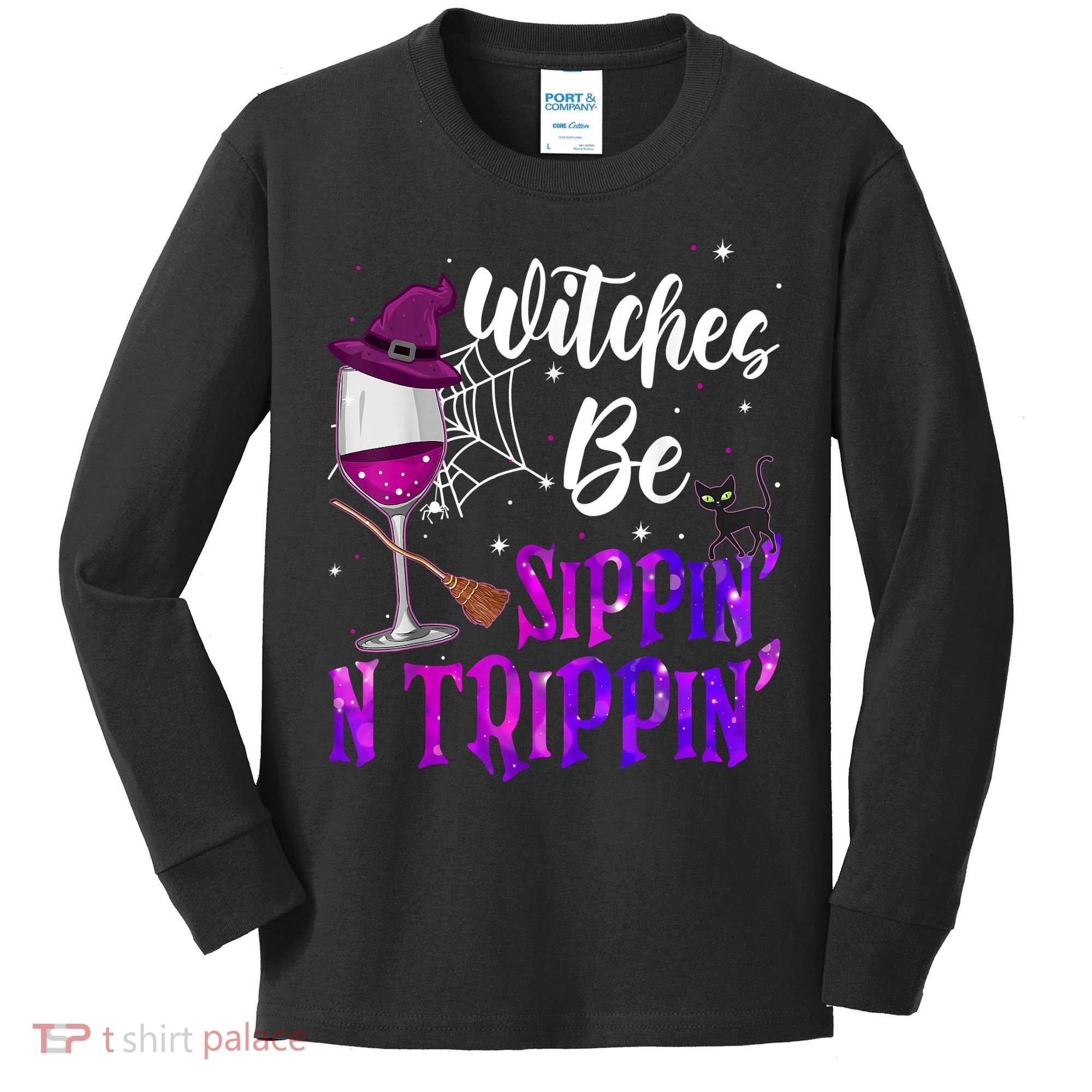 Witches Be Sippin N Trippin Halloween Drinking Funny Black Cat Kids Long Sleeve Shirt