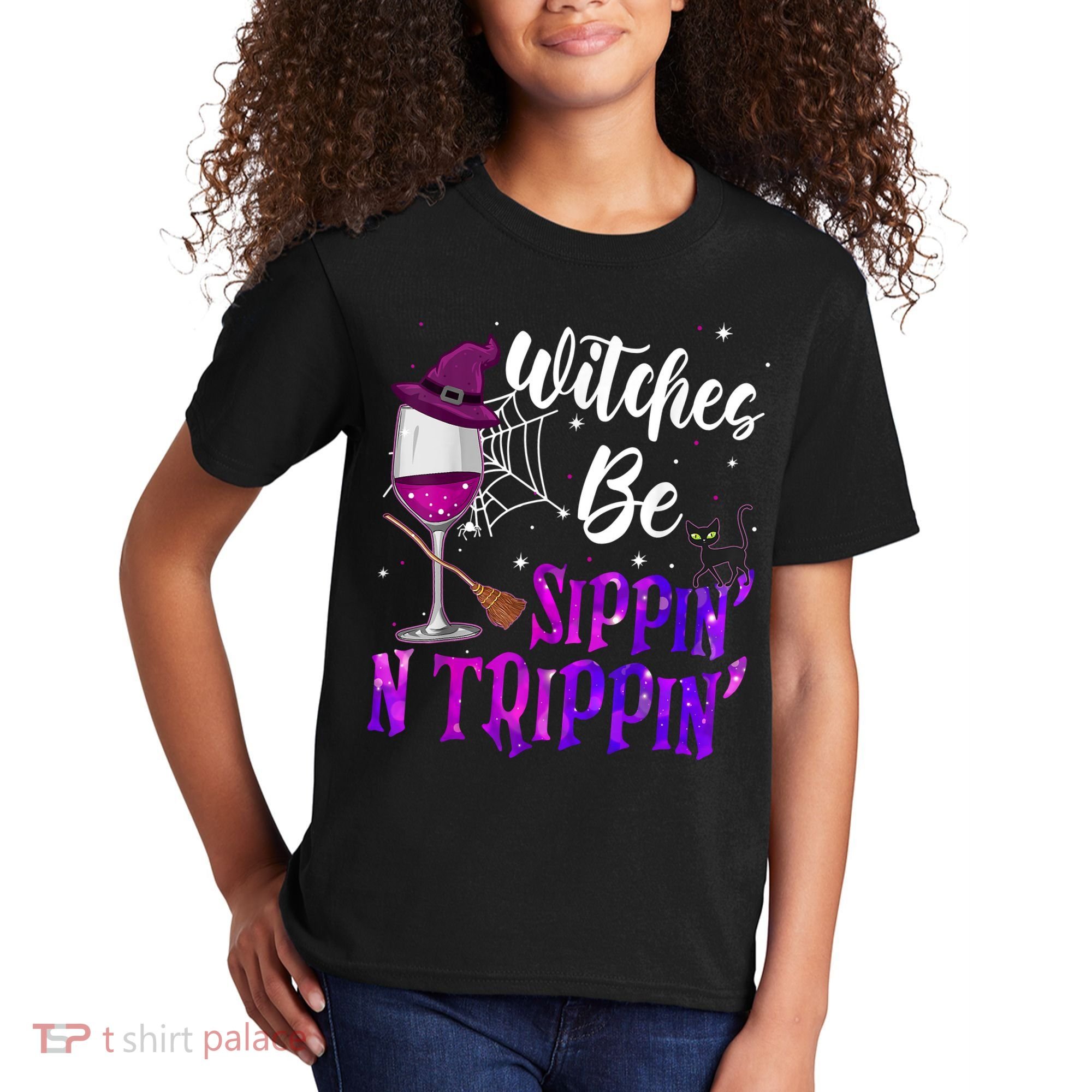 Witches Be Sippin N Trippin Halloween Drinking Funny Black Cat Kids T-Shirt