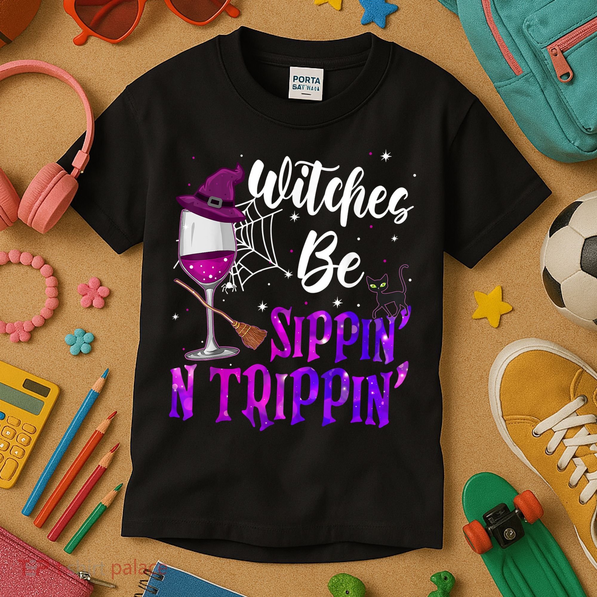 Witches Be Sippin N Trippin Halloween Drinking Funny Black Cat Kids T-Shirt