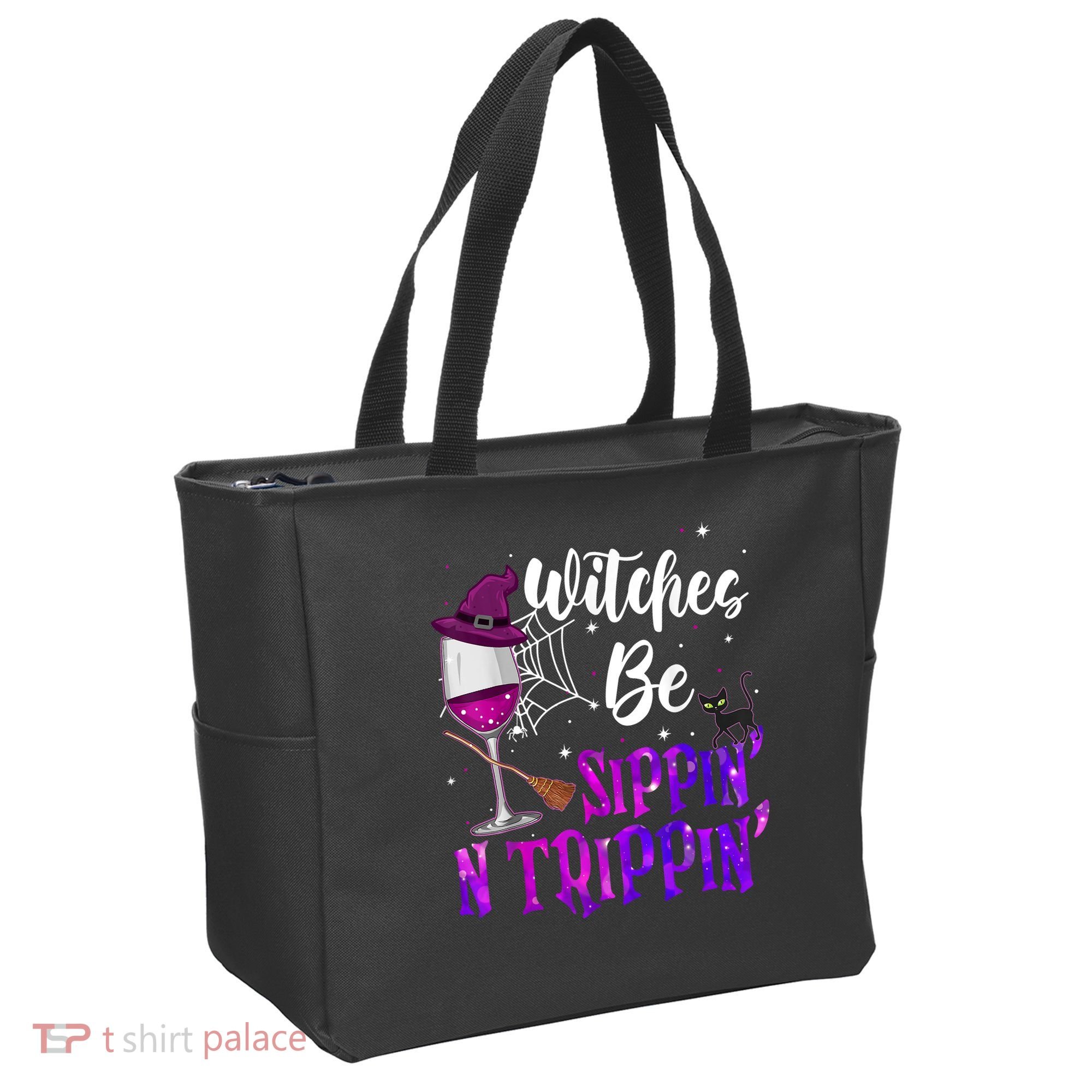 Witches Be Sippin N Trippin Halloween Drinking Funny Black Cat Tote Bag