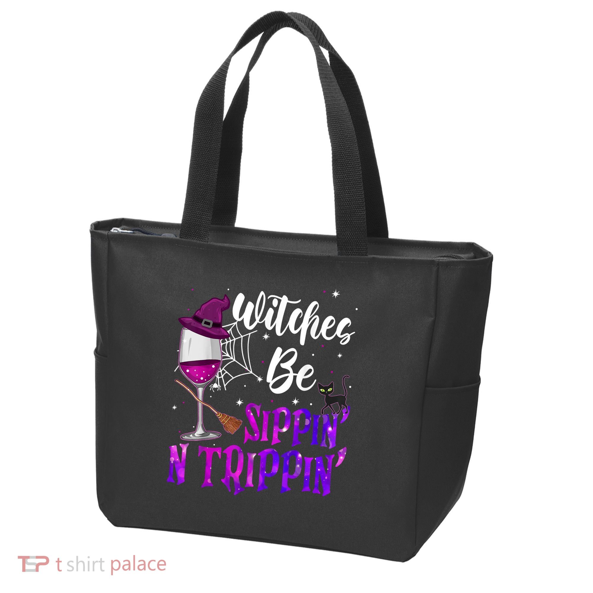 Witches Be Sippin N Trippin Halloween Drinking Funny Black Cat Tote Bag