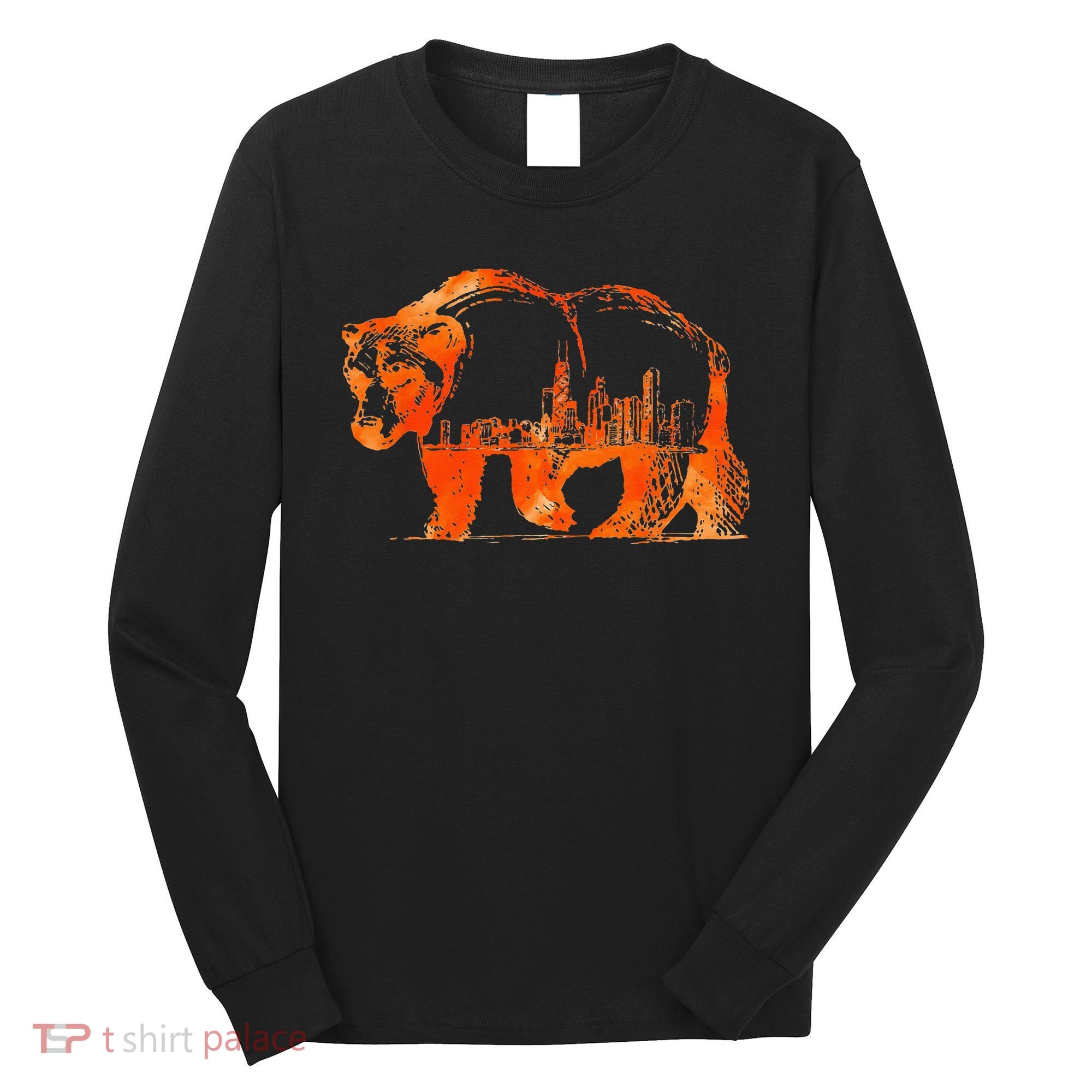 Walking Bear Silhouette Downtown Chicago City Skyline Gift Long Sleeve Shirt