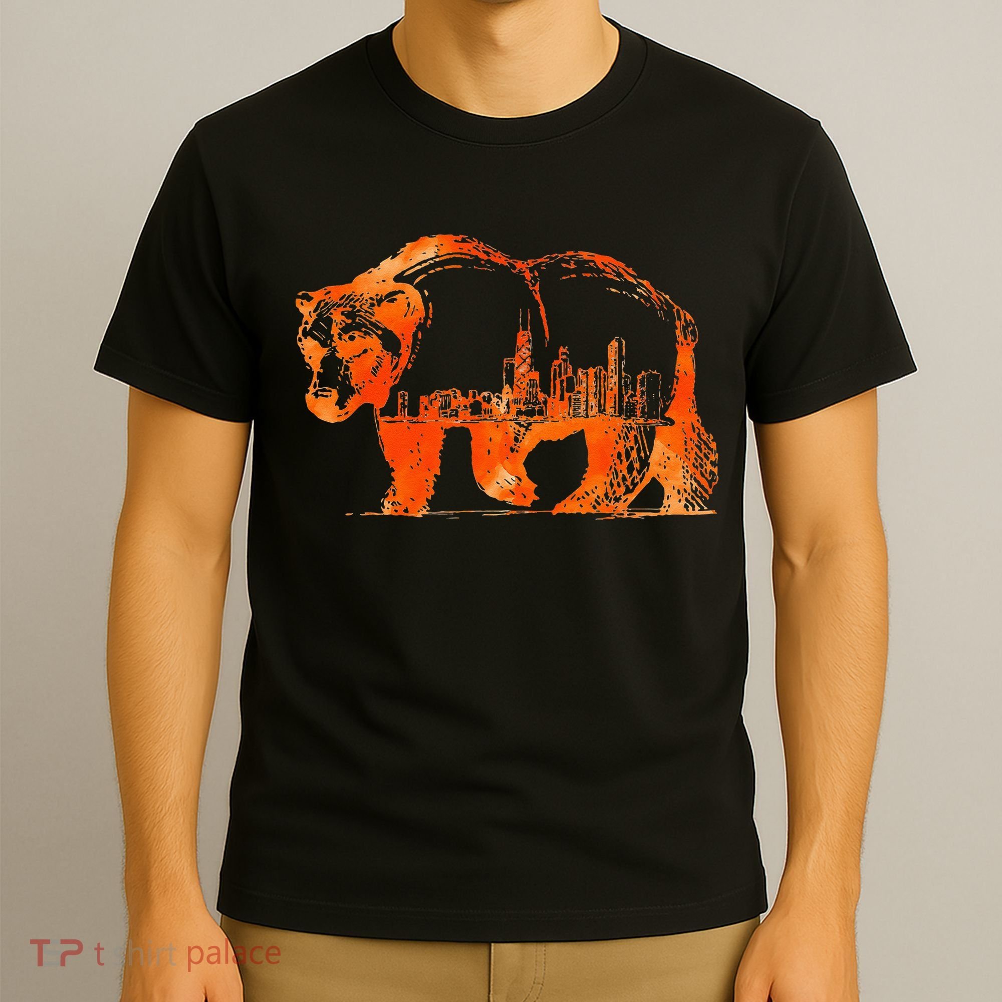 Walking Bear Silhouette Downtown Chicago City Skyline Gift T-Shirt