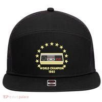 World Champion 1985 Retro Gaming Controller Gift 7 Panel Mesh Trucker Snapback Hat thumb 0