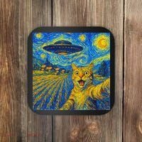 Whimsical Cat Alien Invasion Alien Cat Lovers Coaster thumb 0