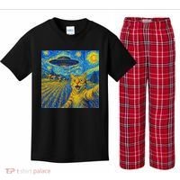 Whimsical Cat Alien Invasion Alien Cat Lovers Kids Plaid Pajama Set thumb 0