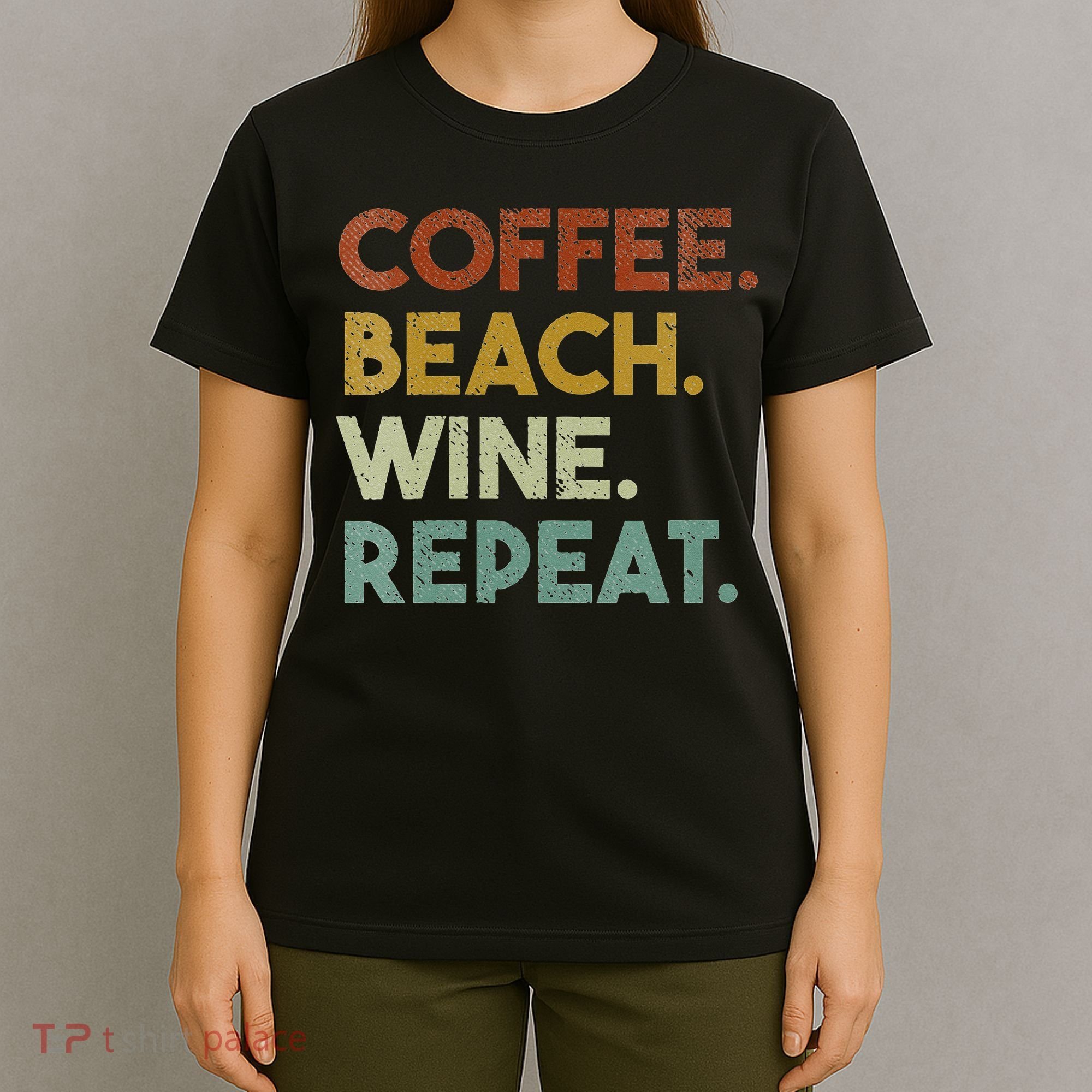 Womens Coffee Beach Wine Repeat Funny Retro Beach T-Shirt