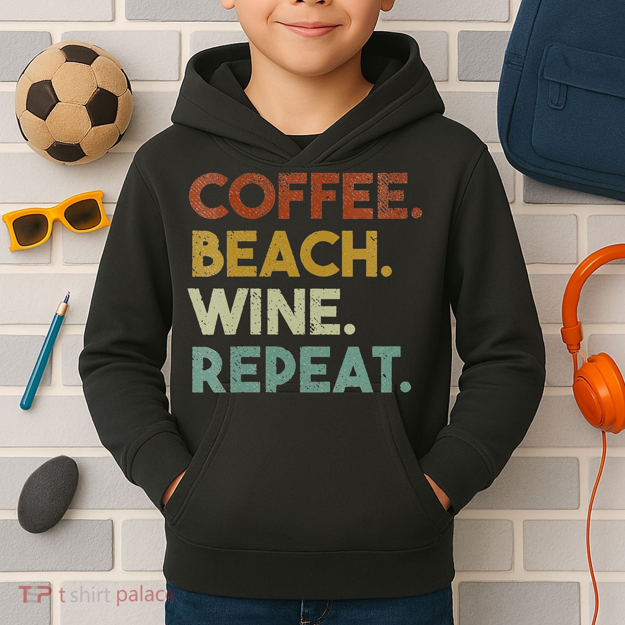 Womens Coffee Beach Wine Repeat Funny Retro Beach Kids Hoodie