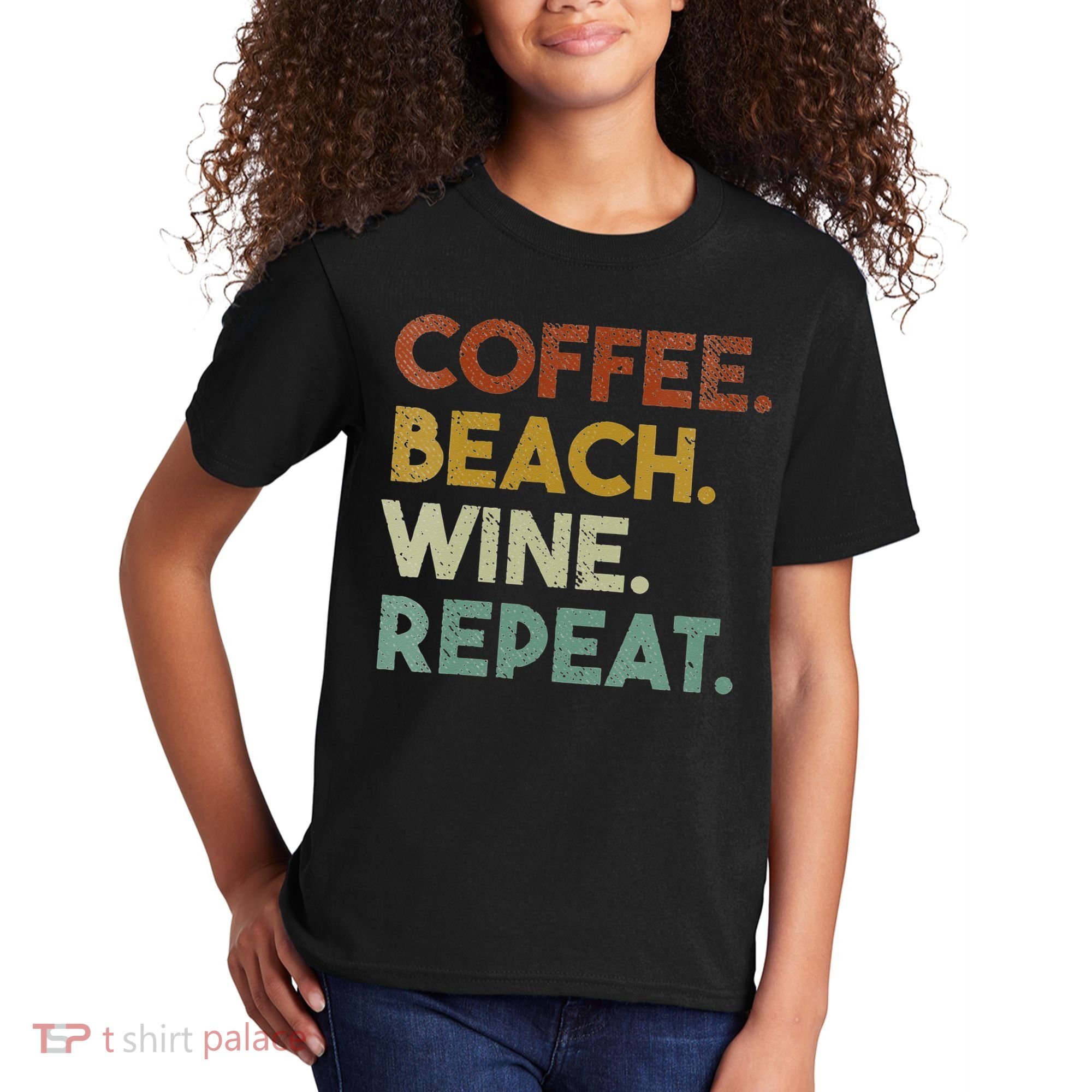Womens Coffee Beach Wine Repeat Funny Retro Beach Kids T-Shirt