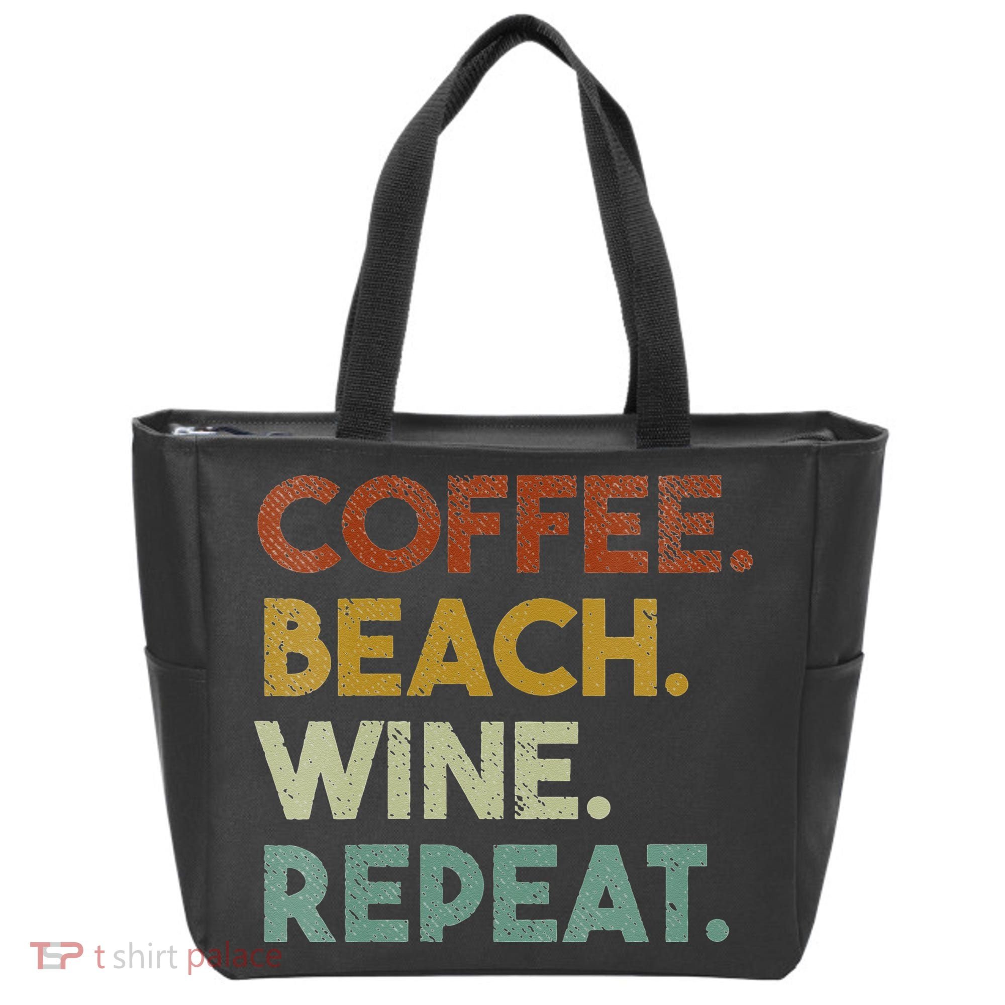 Womens Coffee Beach Wine Repeat Funny Retro Beach Tote Bag