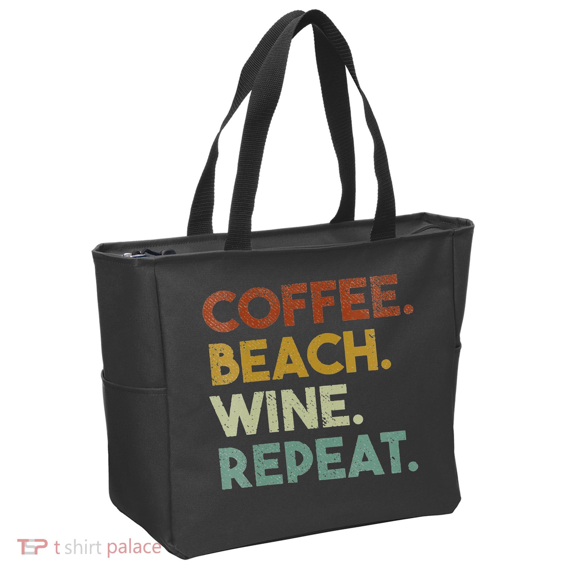 Womens Coffee Beach Wine Repeat Funny Retro Beach Tote Bag