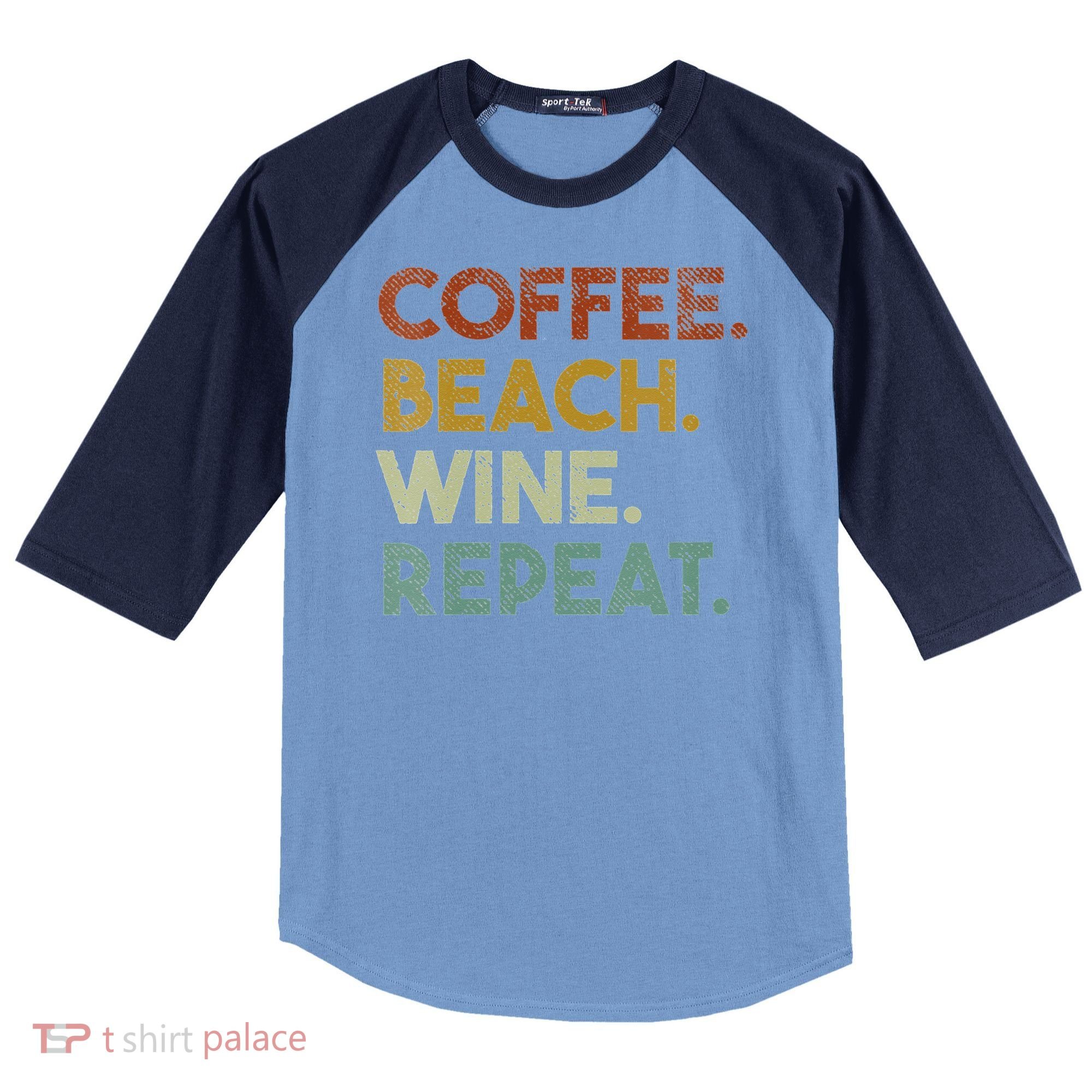 Womens Coffee Beach Wine Repeat Funny Retro Beach Raglan Baseball Sleeve Shirt