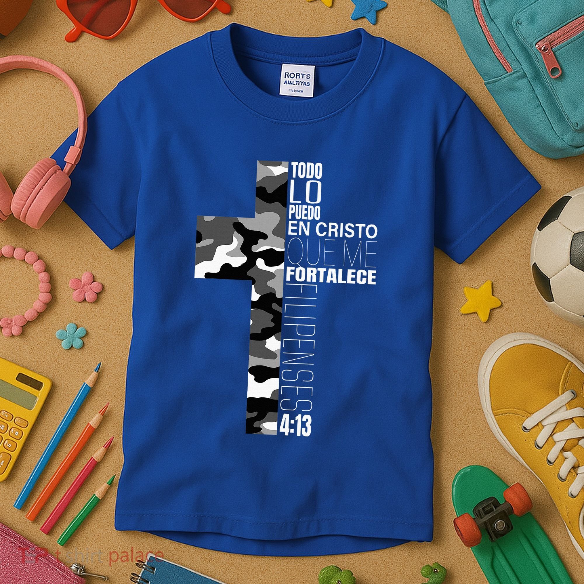 White Camo Christian Verse Spanish Filipenses 413 EspañOl Kids T-Shirt