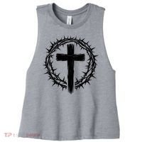 Wooden Cross Crown Of Thorns Christian Catholic Jesus Christ Women's Racerback Cropped Tank thumb 0
