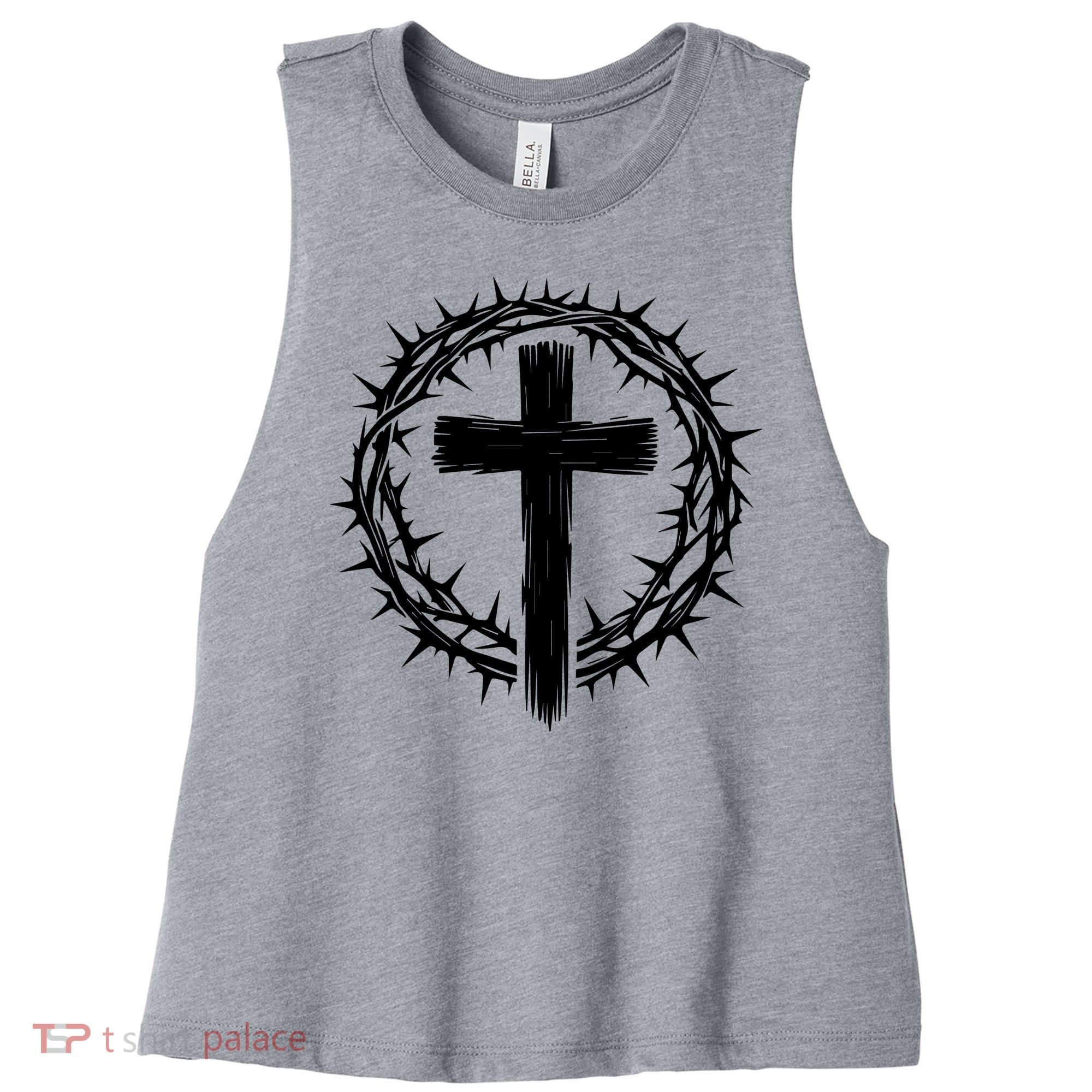 Wooden Cross Crown Of Thorns Christian Catholic Jesus Christ Women's Racerback Cropped Tank