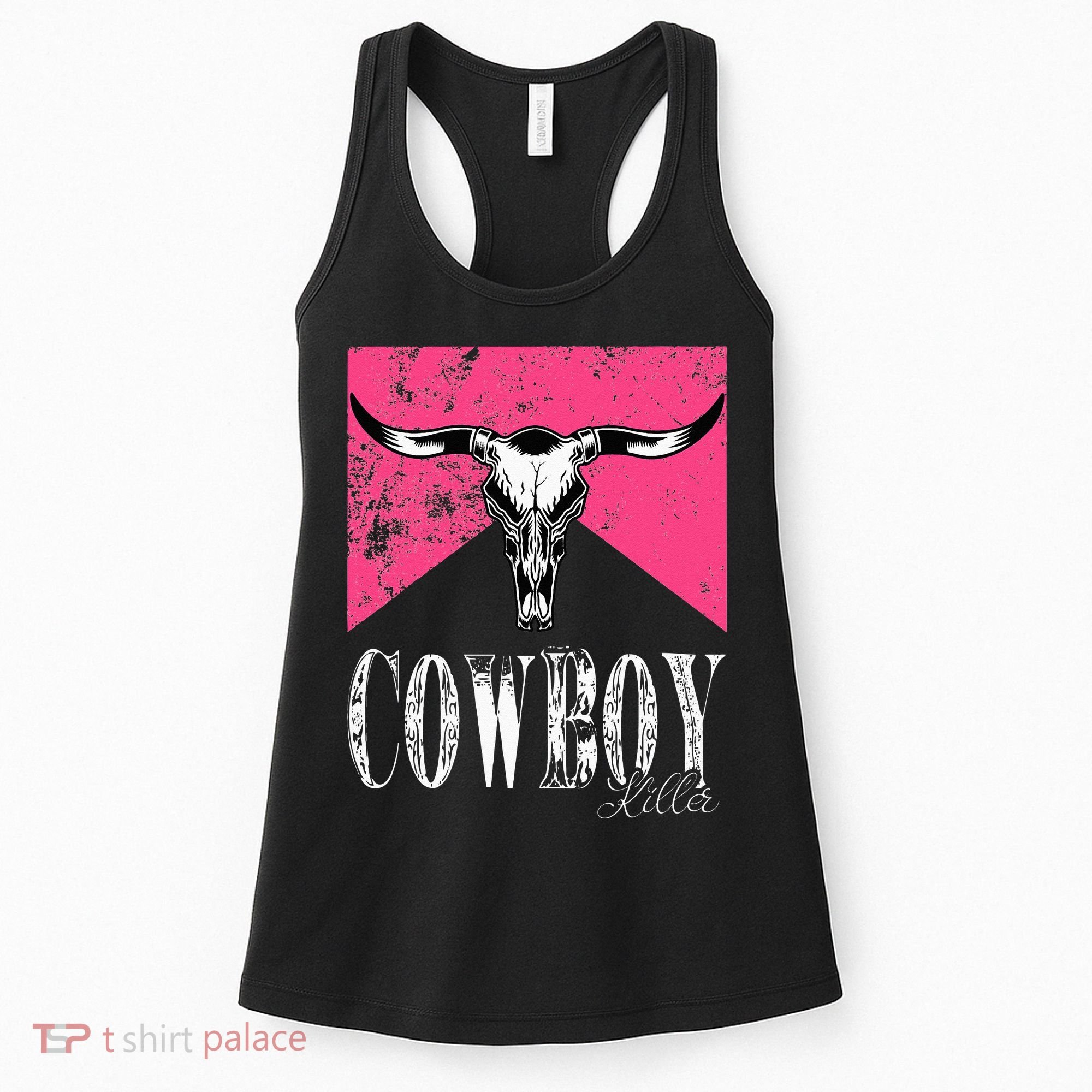 Western Cowgirl Cute Pink Cowboy Killers Bull Horn Skull Women's Tank Top
