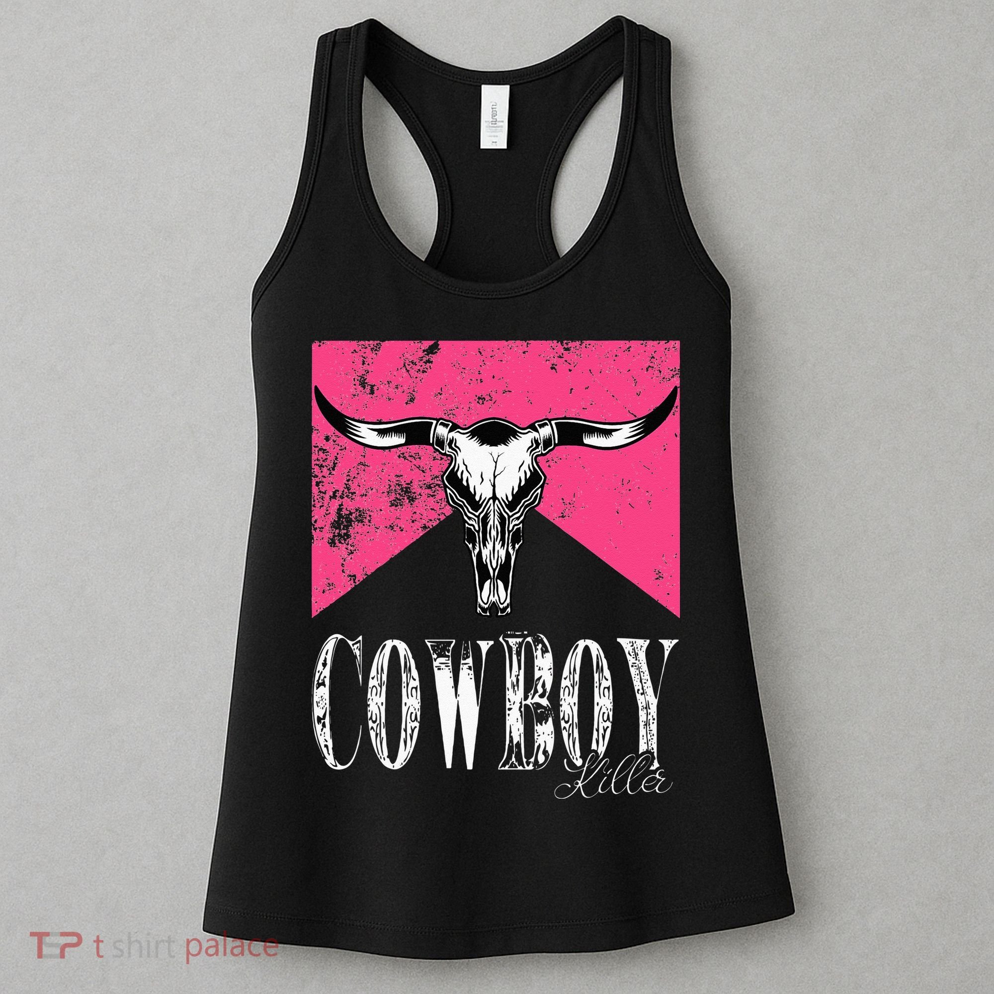 Western Cowgirl Cute Pink Cowboy Killers Bull Horn Skull Women's Tank Top