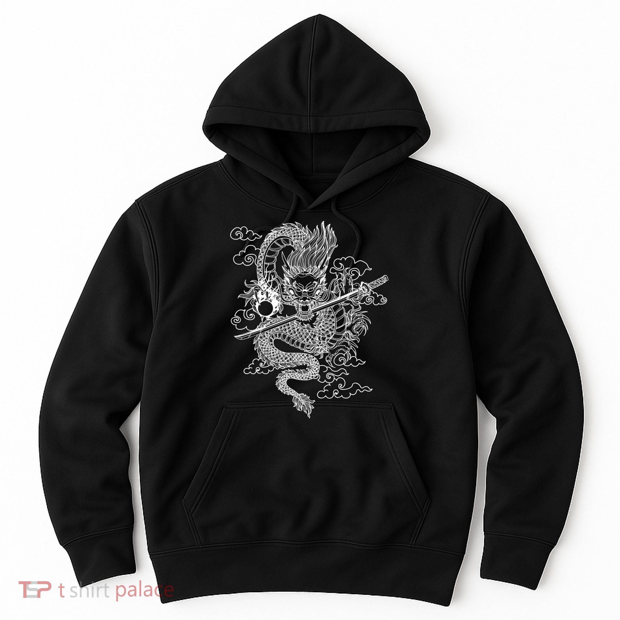 White Chinese Dragon With Black Background Hoodie