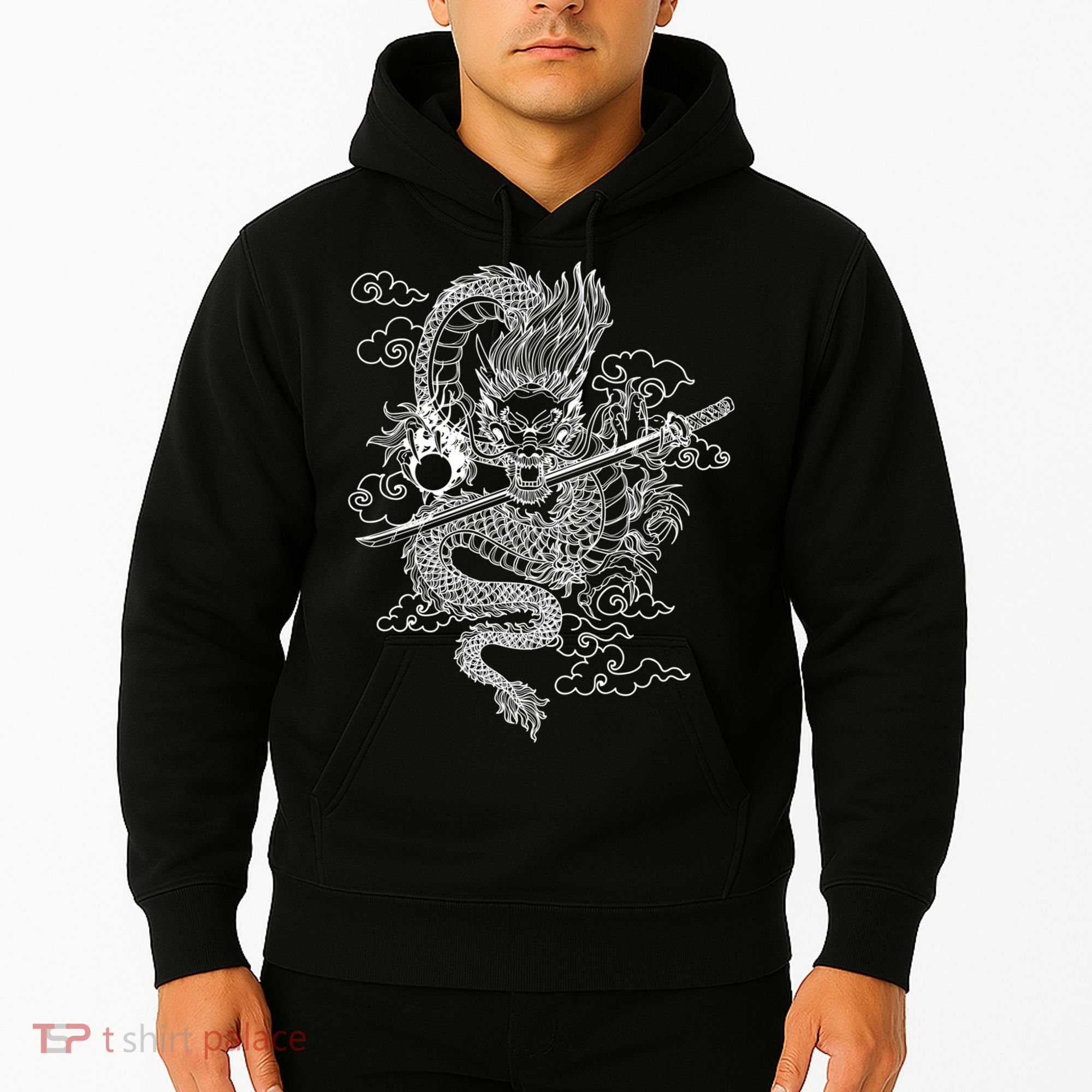 White Chinese Dragon With Black Background Hoodie