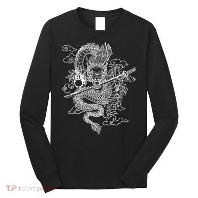 White Chinese Dragon With Black Background Long Sleeve Shirt