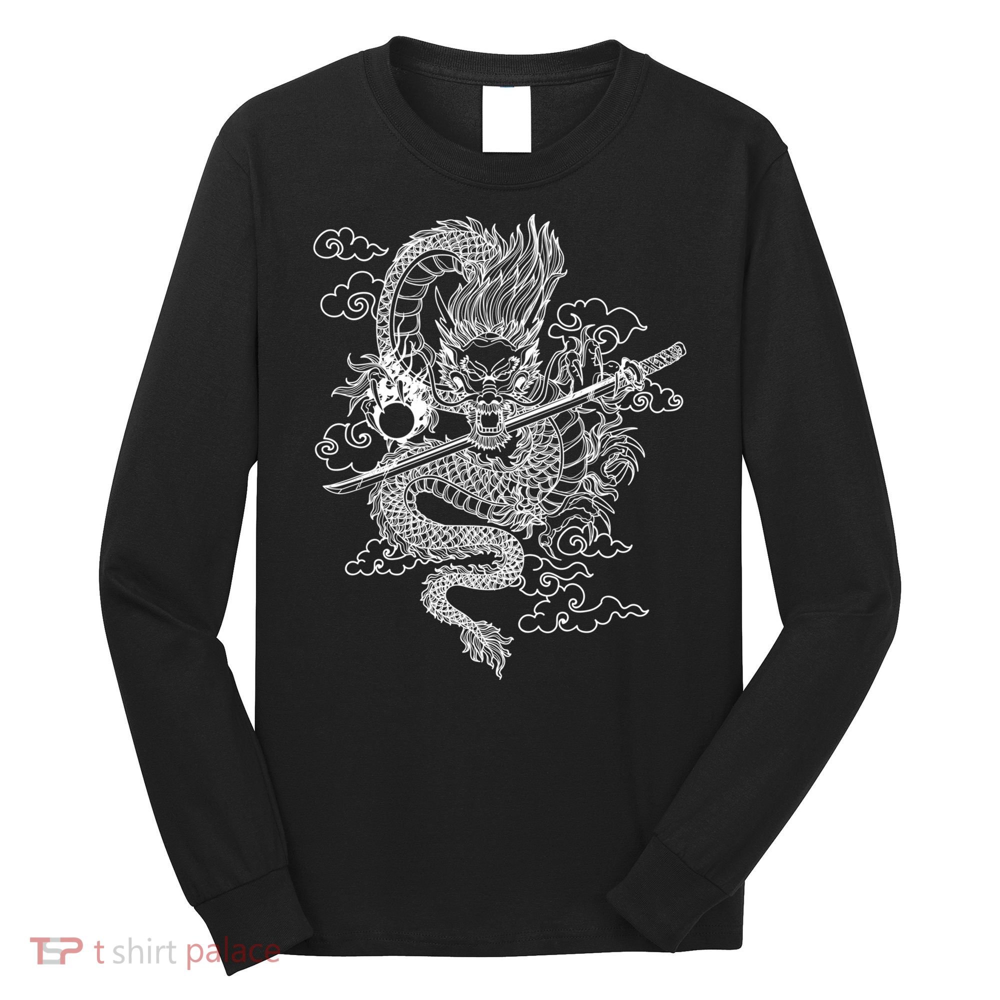 White Chinese Dragon With Black Background Long Sleeve Shirt