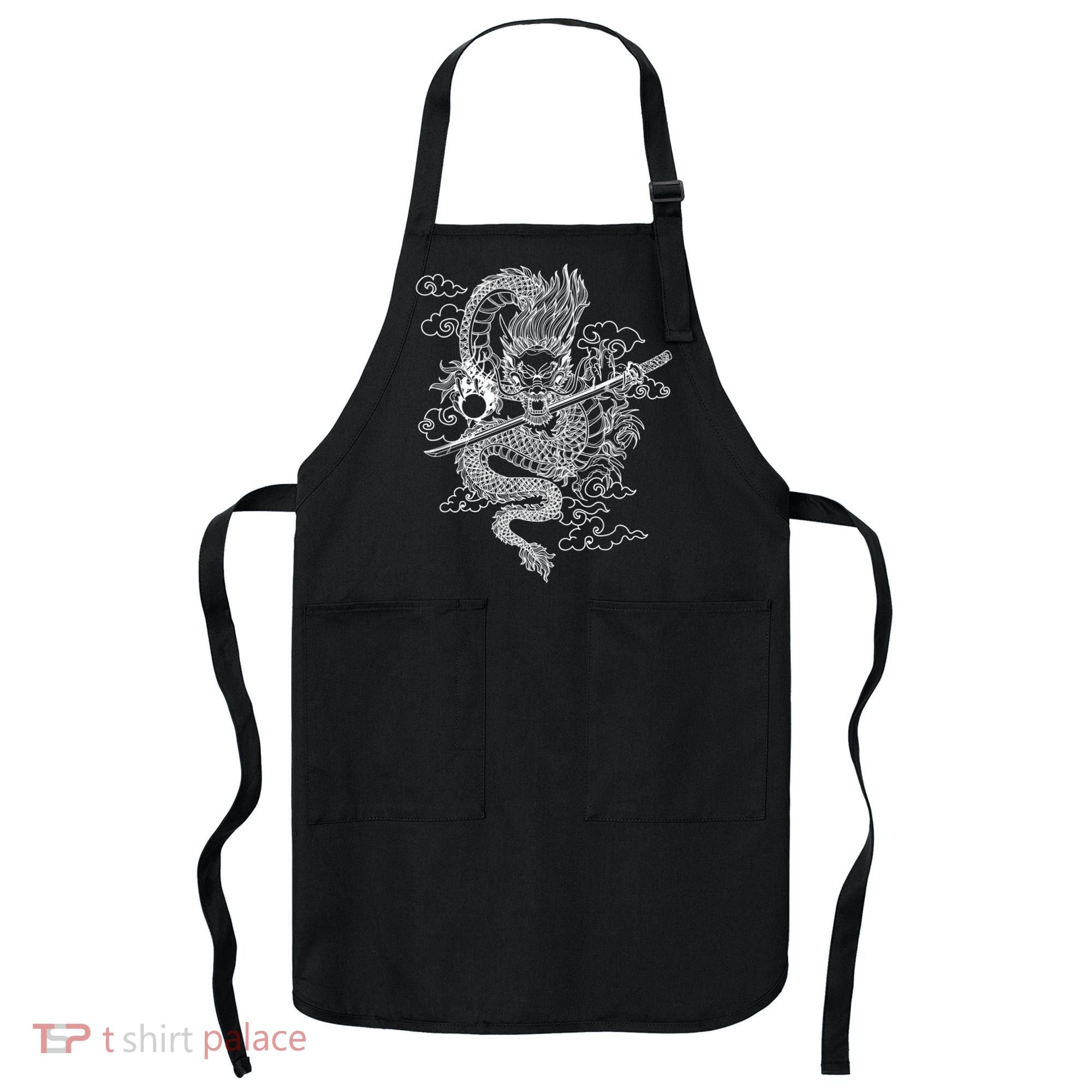 White Chinese Dragon With Black Background Apron