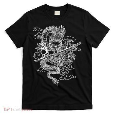 White Chinese Dragon With Black Background T-Shirt
