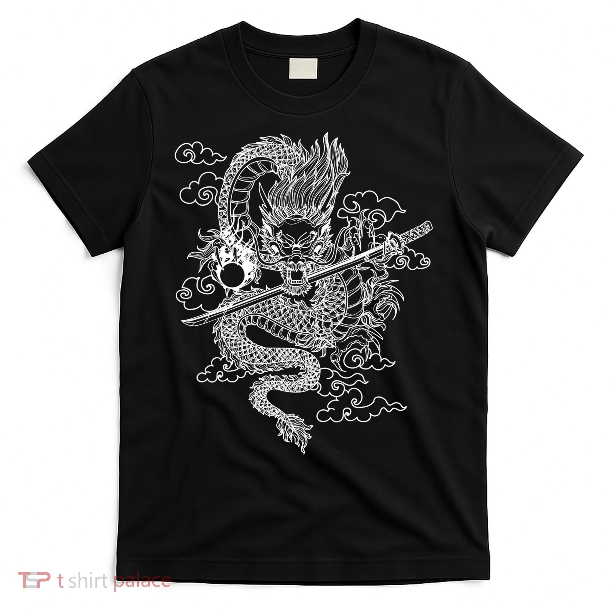 White Chinese Dragon With Black Background T-Shirt