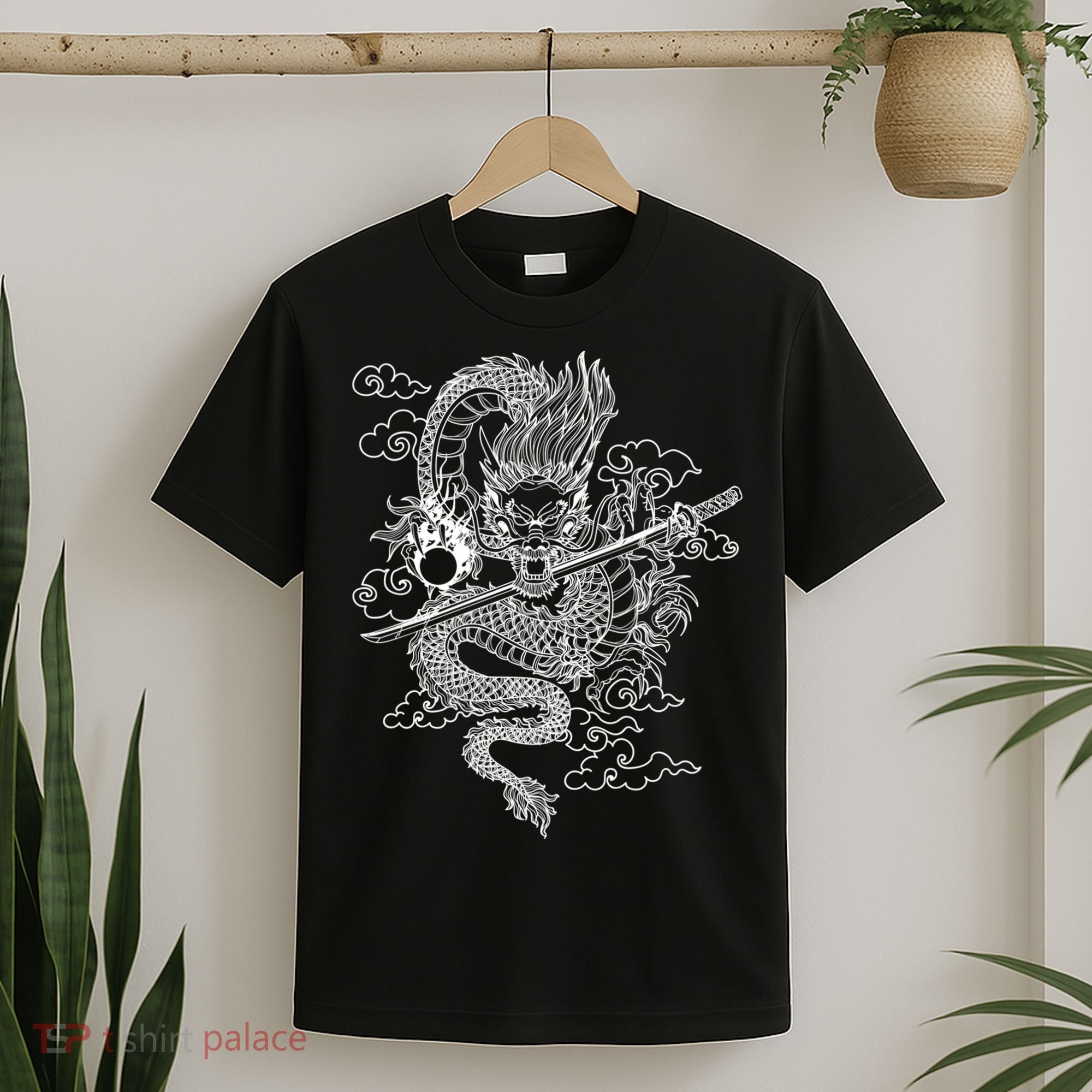 White Chinese Dragon With Black Background T-Shirt