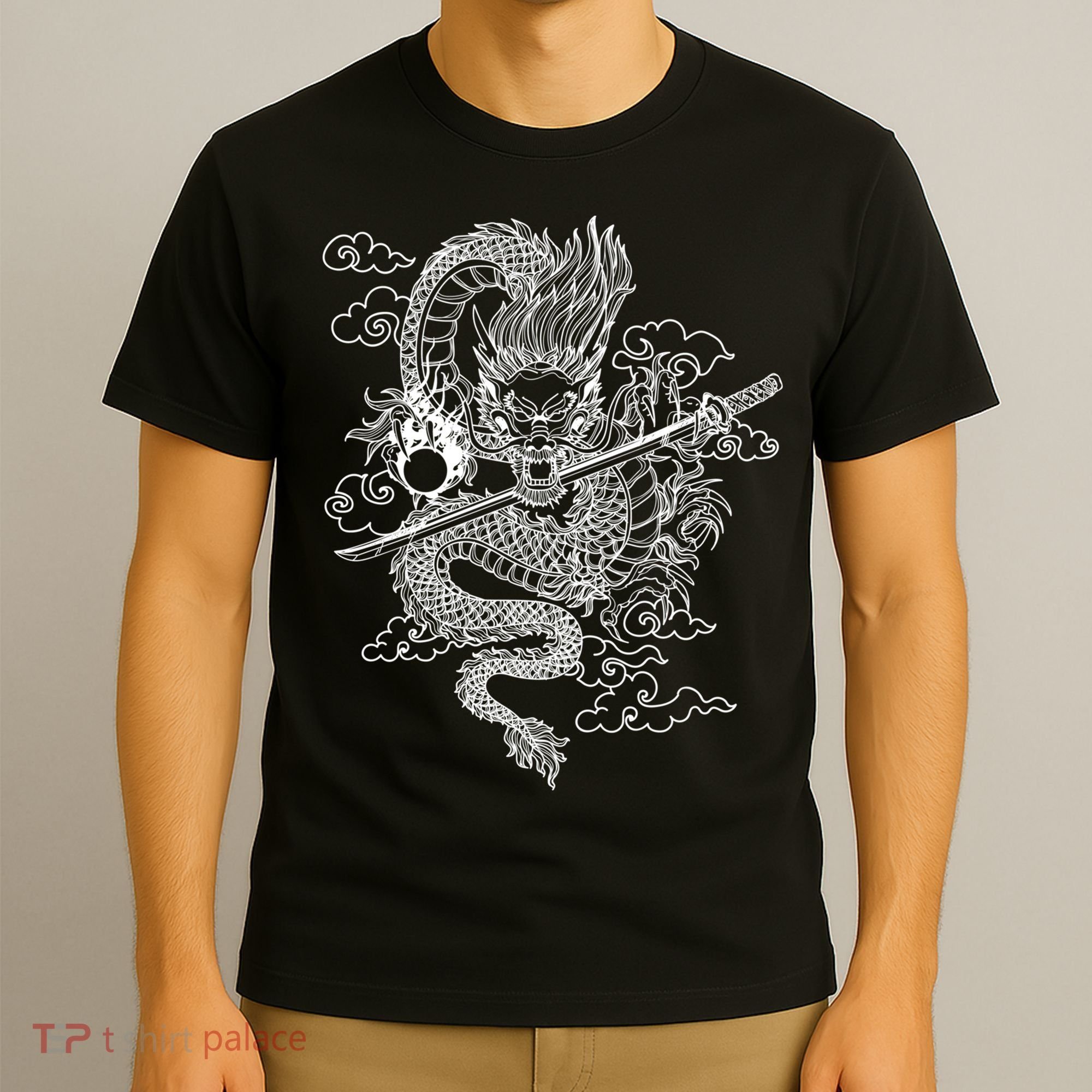 White Chinese Dragon With Black Background T-Shirt