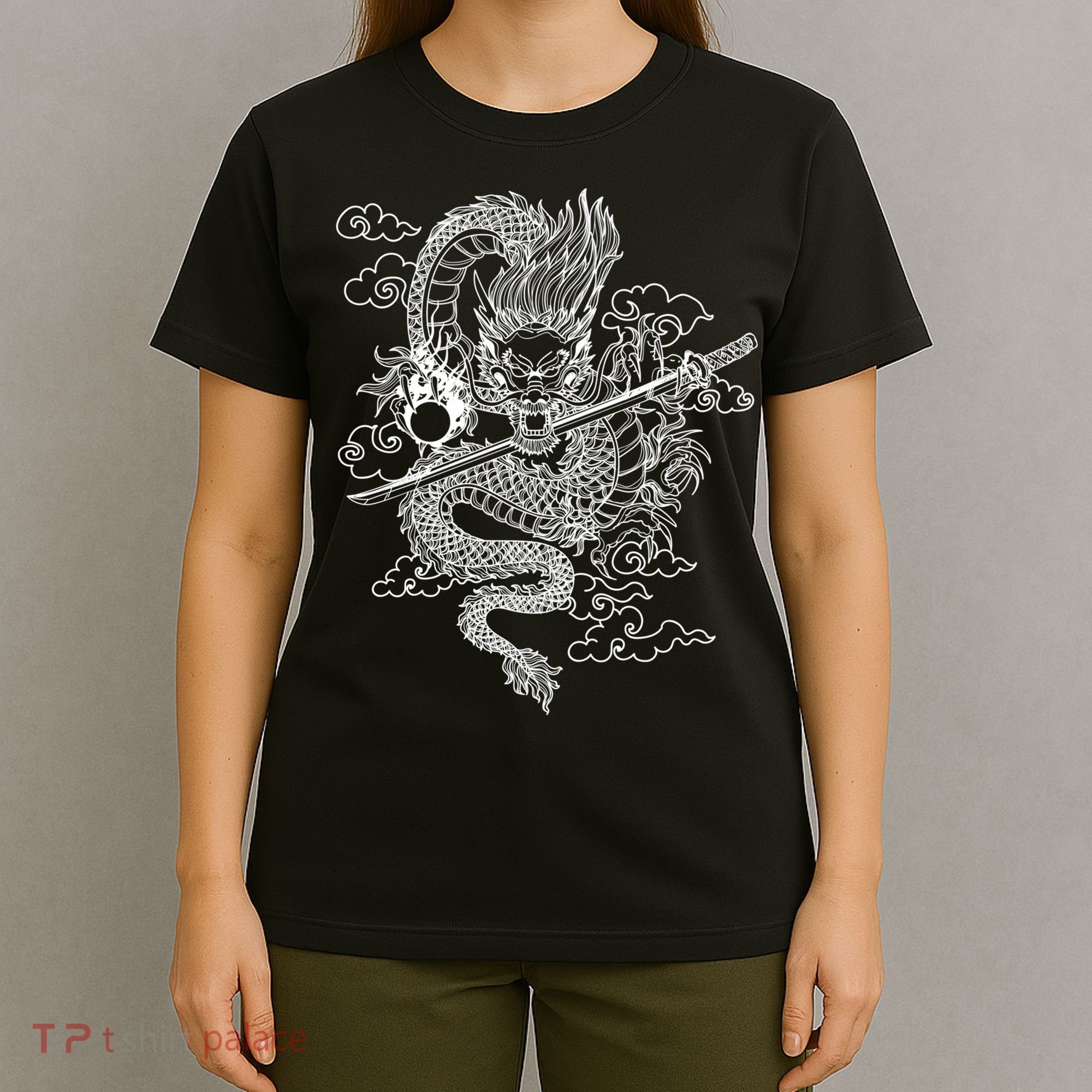 White Chinese Dragon With Black Background T-Shirt