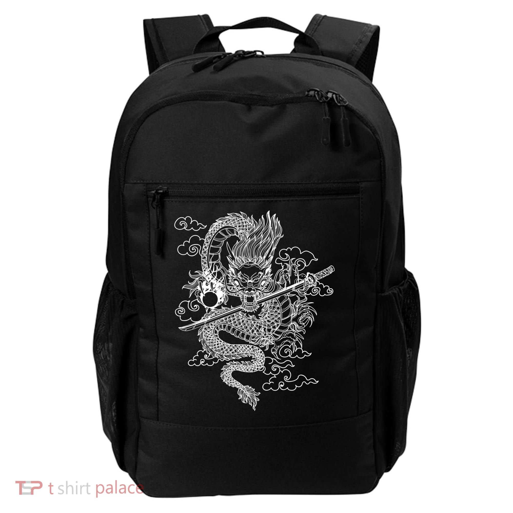 White Chinese Dragon With Black Background Backpack