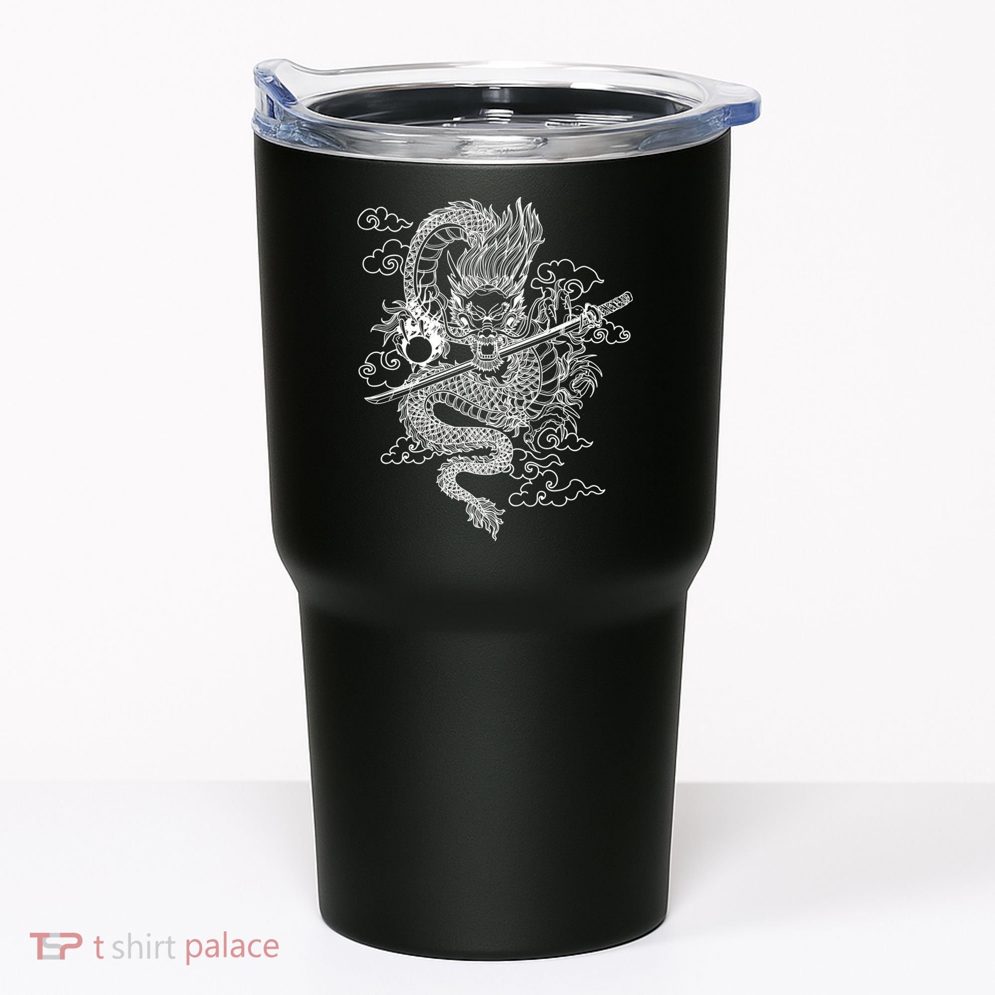 White Chinese Dragon With Black Background Tumbler