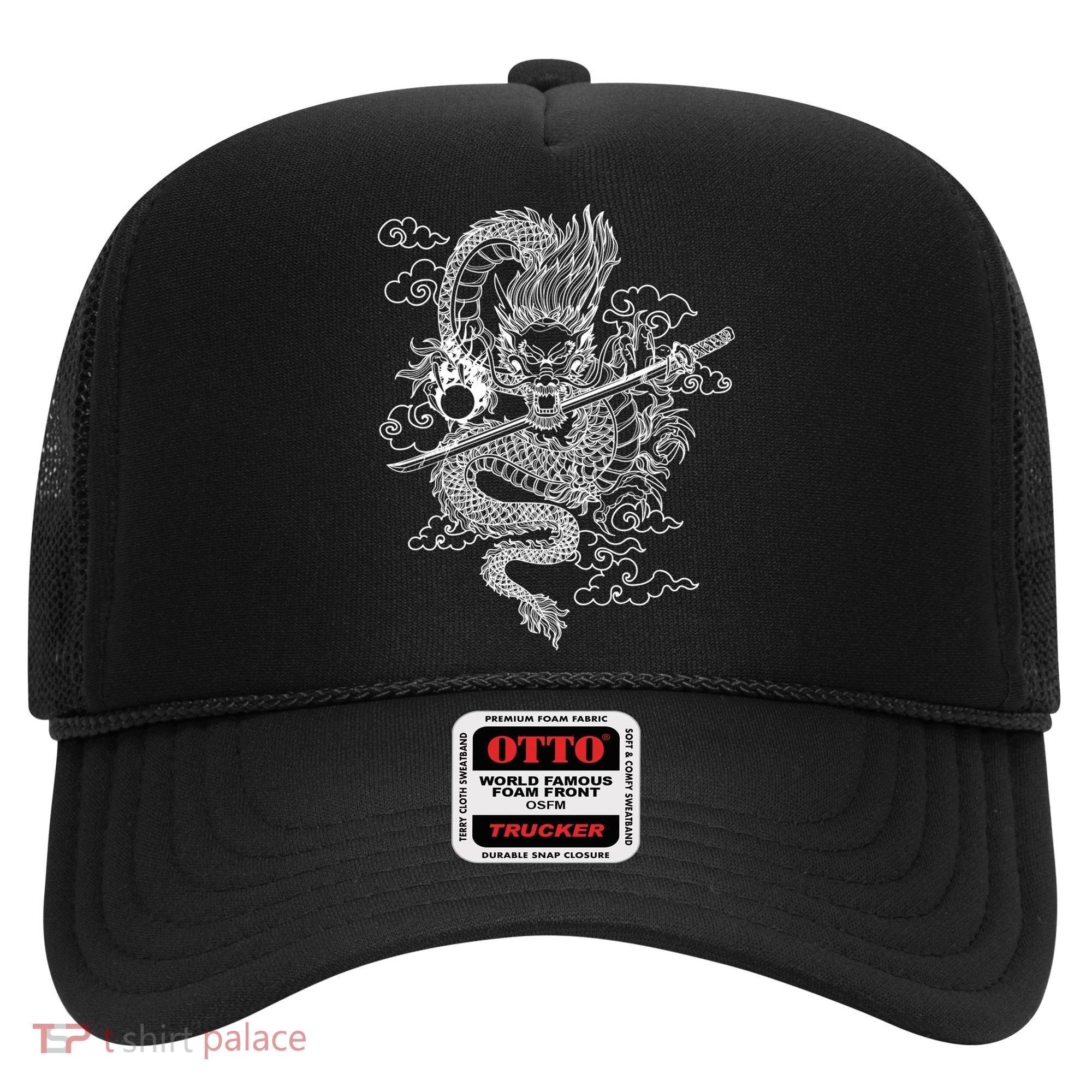 White Chinese Dragon With Black Background Hat