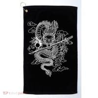White Chinese Dragon With Black Background Golf Towel thumb 0