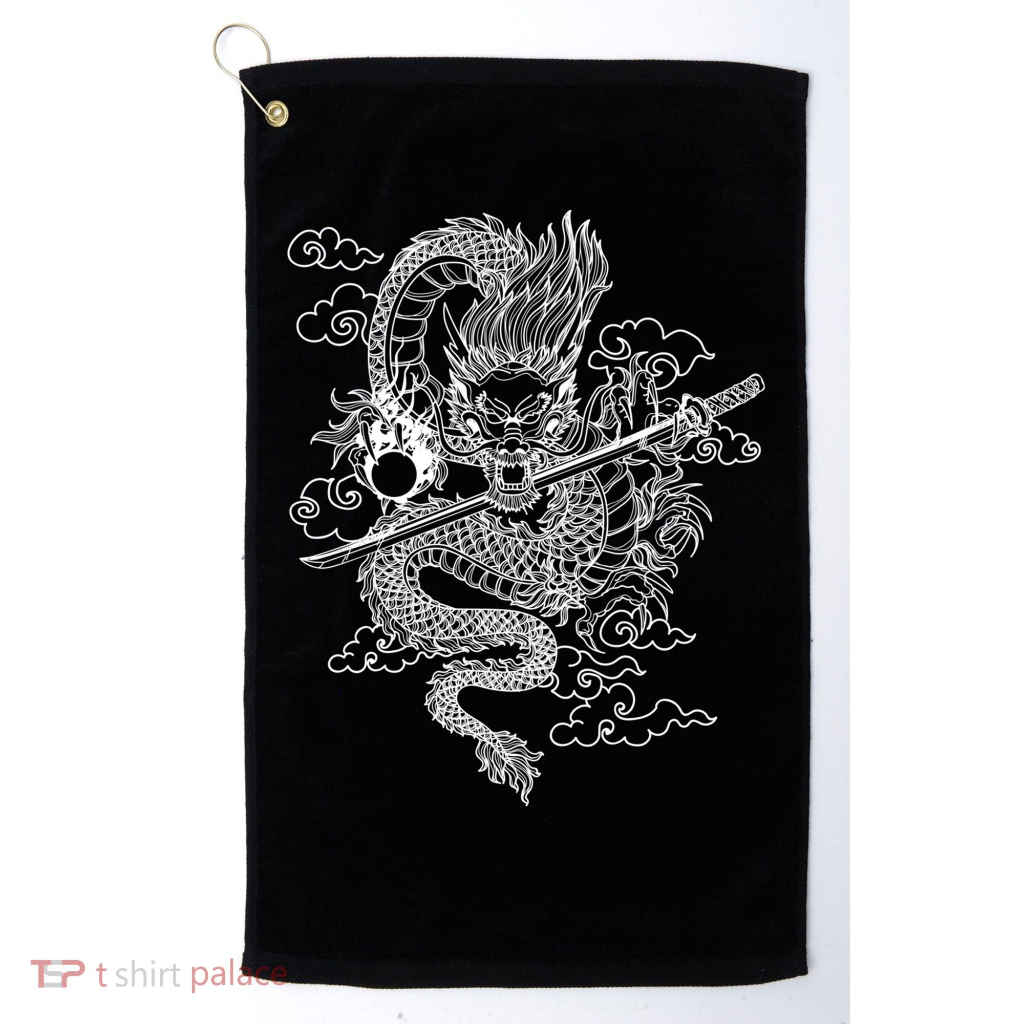 White Chinese Dragon With Black Background Golf Towel