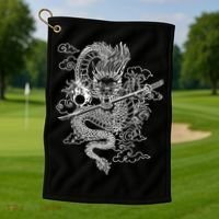 White Chinese Dragon With Black Background Golf Towel thumb 1