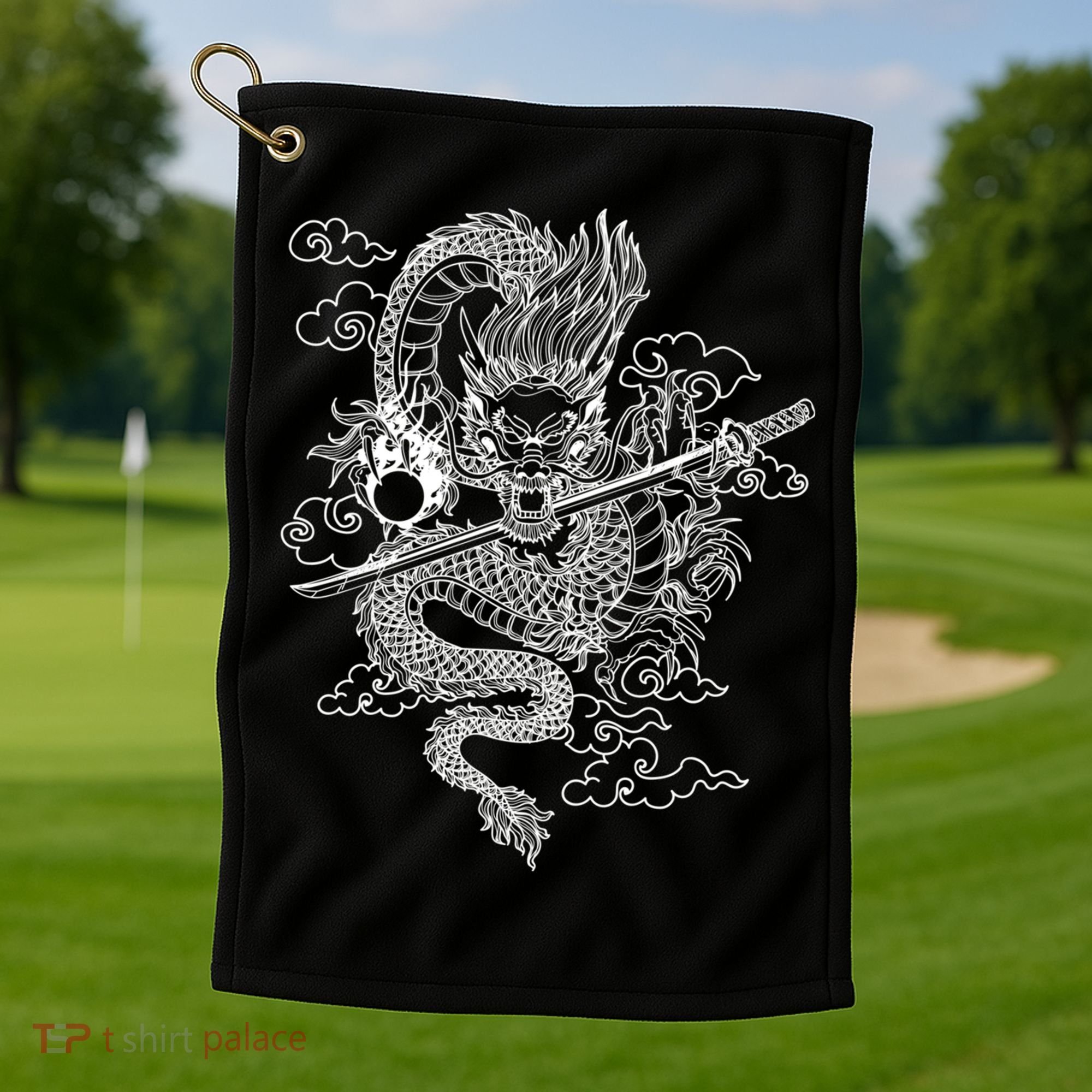 White Chinese Dragon With Black Background Golf Towel