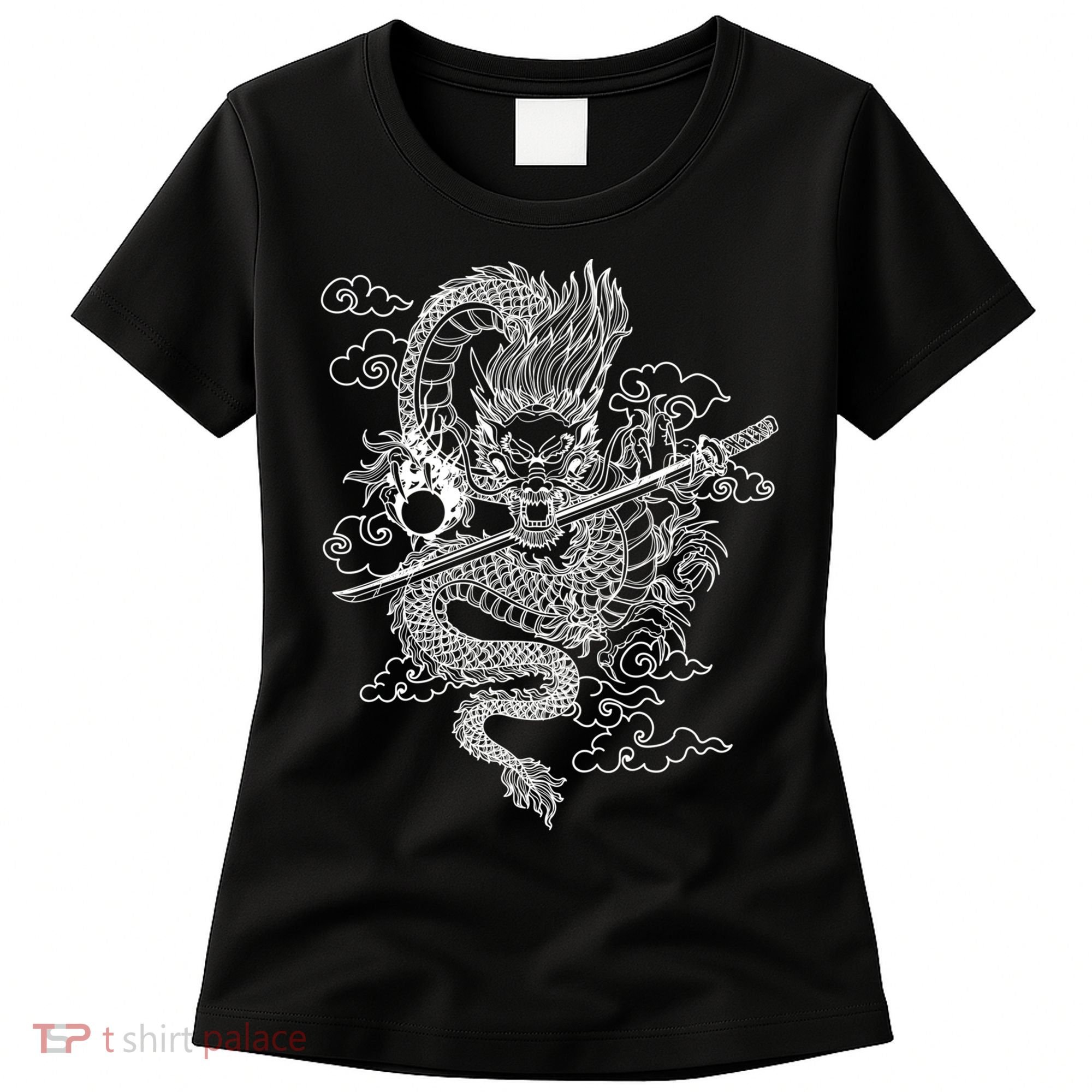 White Chinese Dragon With Black Background Women's T-Shirt