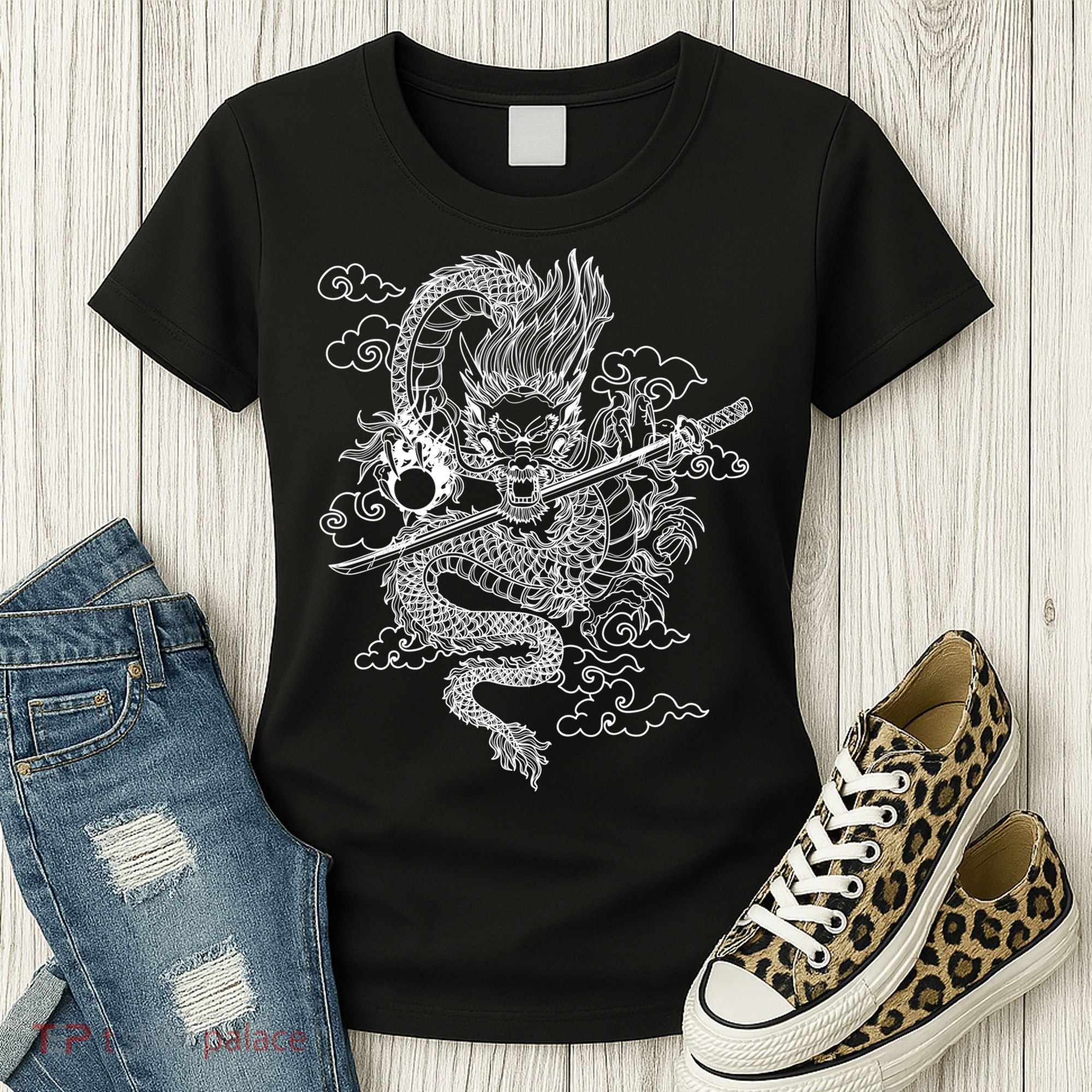White Chinese Dragon With Black Background Women's T-Shirt