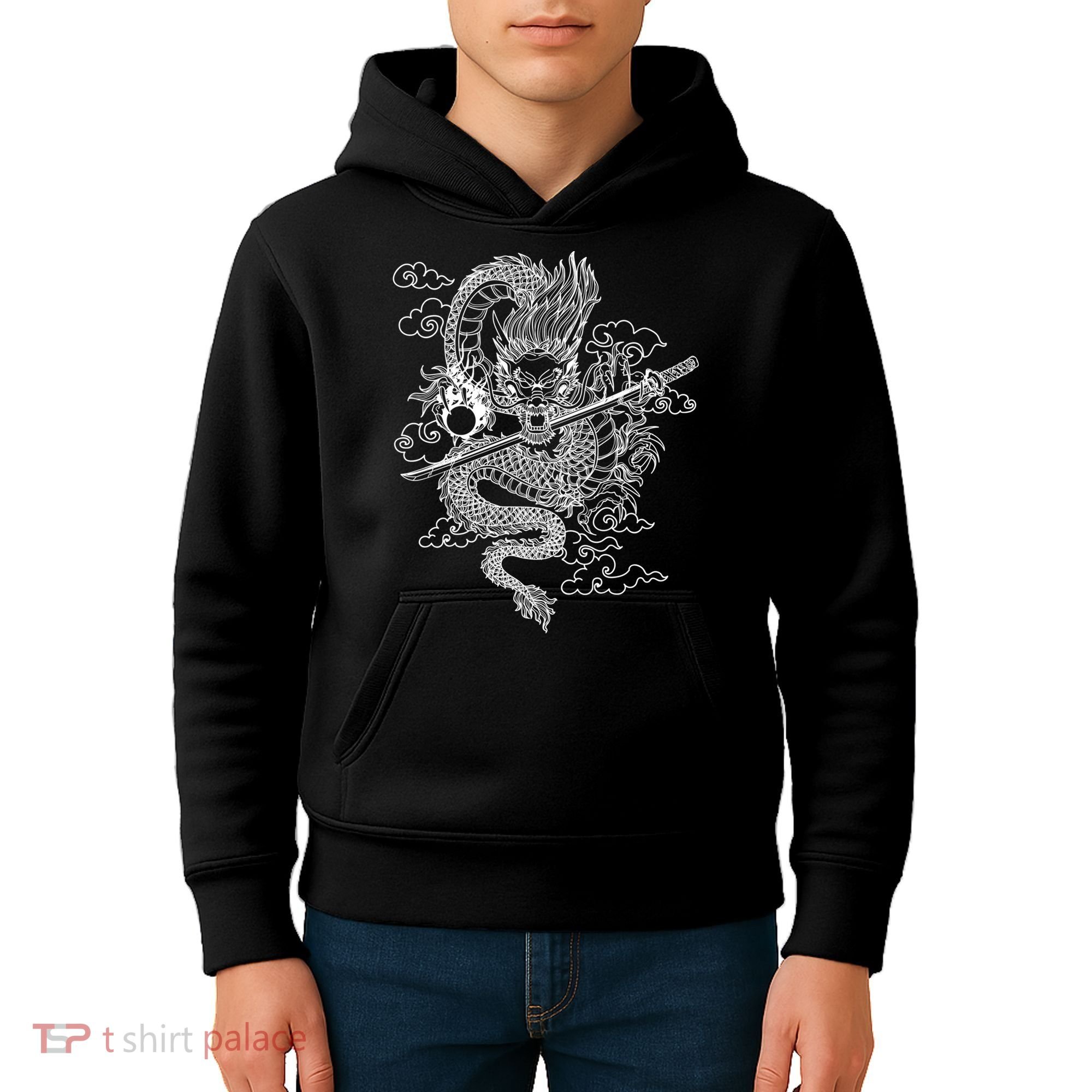 White Chinese Dragon With Black Background Kids Hoodie
