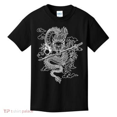 White Chinese Dragon With Black Background Kids T-Shirt
